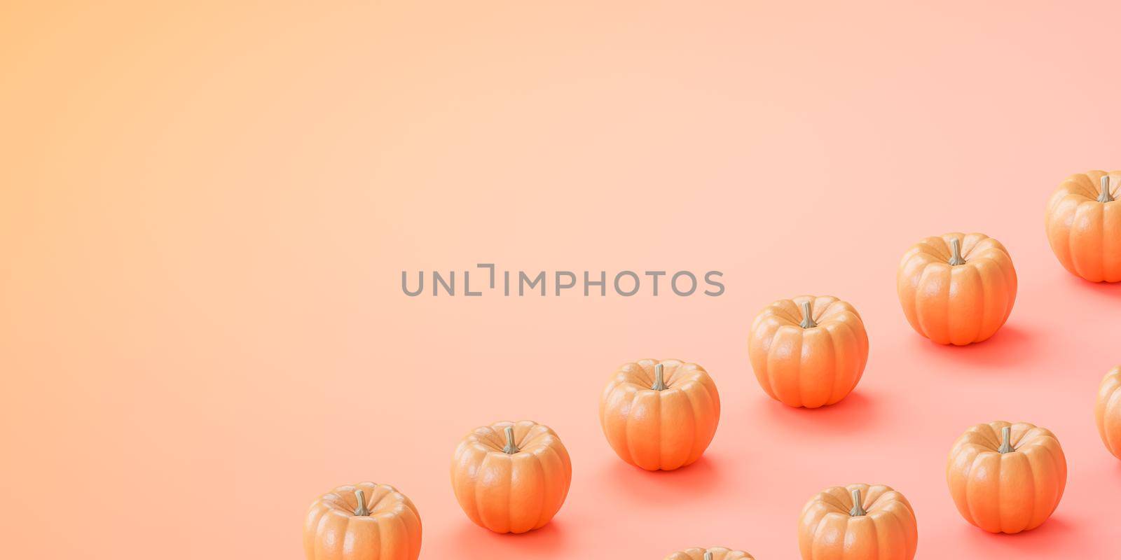 Pumpkins on gradient background for advertising on autumn holidays or sales, 3d banner render