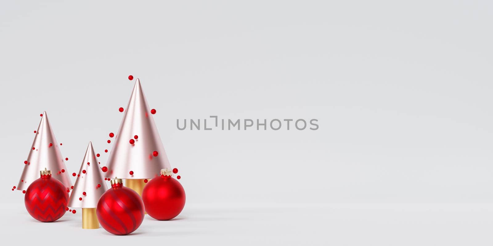 Christmas or New Year holidays background, golden fir-trees with red baubles, 3d render by Frostroomhead