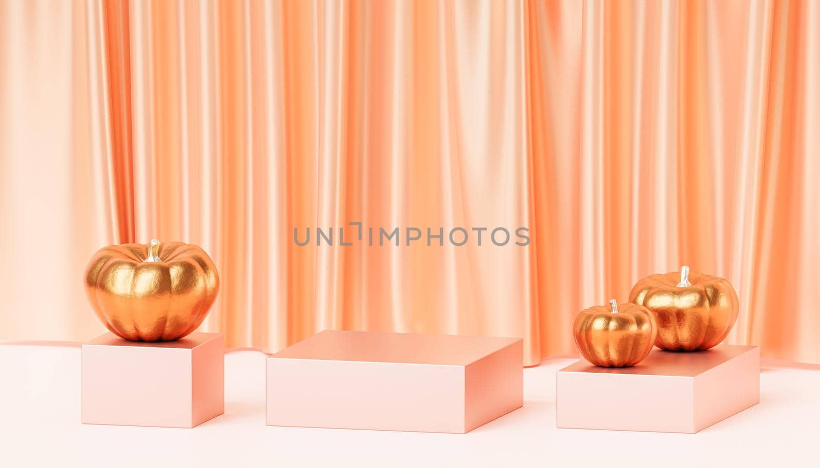 Podium or pedestal with golden pumpkins for products display or advertising for autumn holidays, 3d render by Frostroomhead
