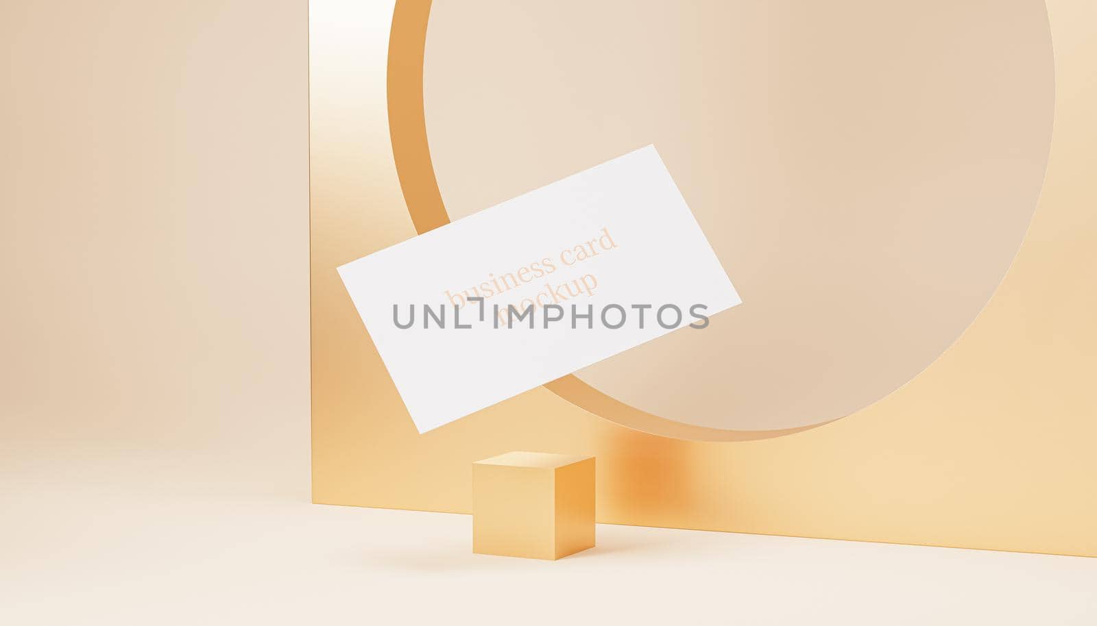 White blank business card mockup on beige background, 3d render template