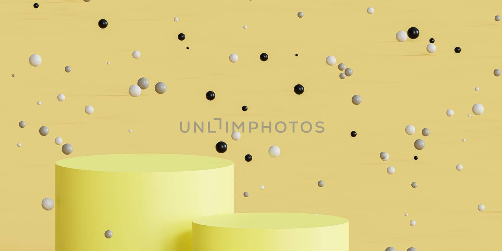 Podiums or pedestals for products display or advertising with shiny spheres on yellow background, 3d minimal render by Frostroomhead