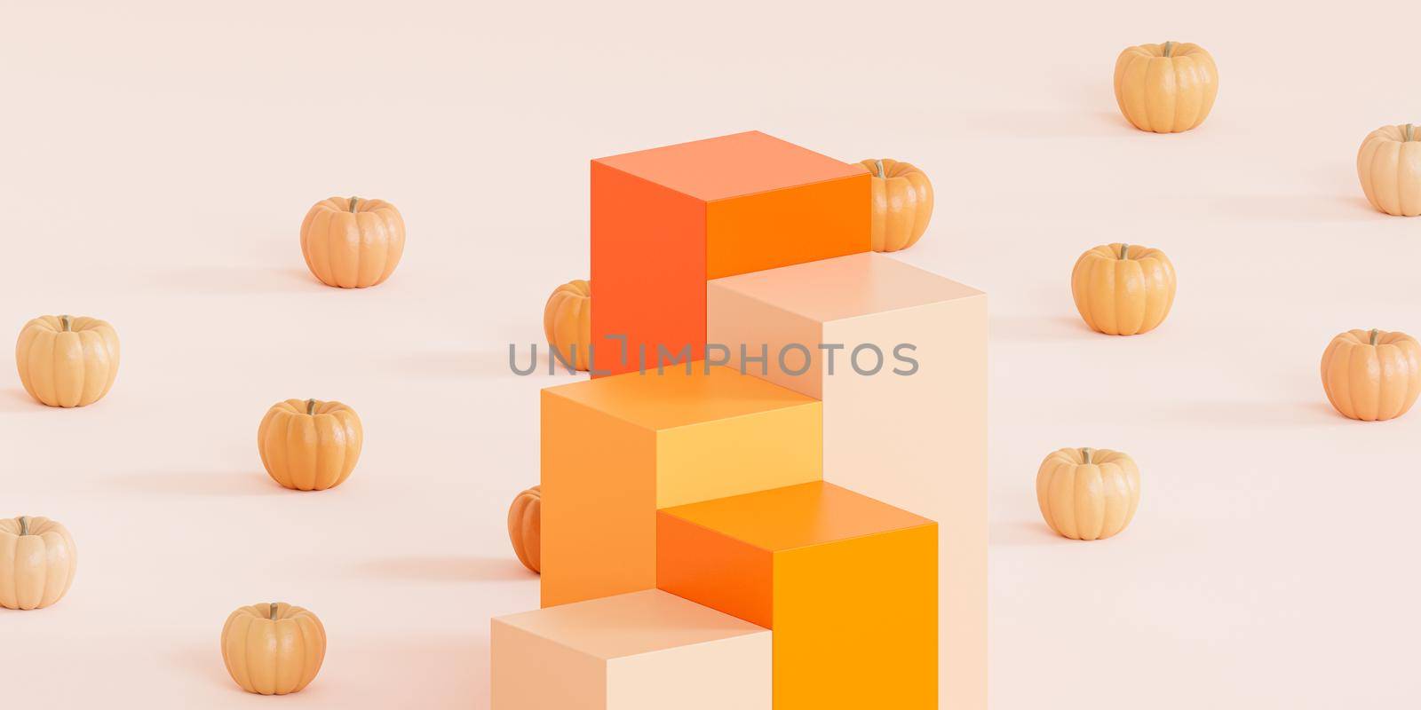 Podiums or stage pedestals with pumpkins for products display or advertising for autumn holidays on beige background, 3d render