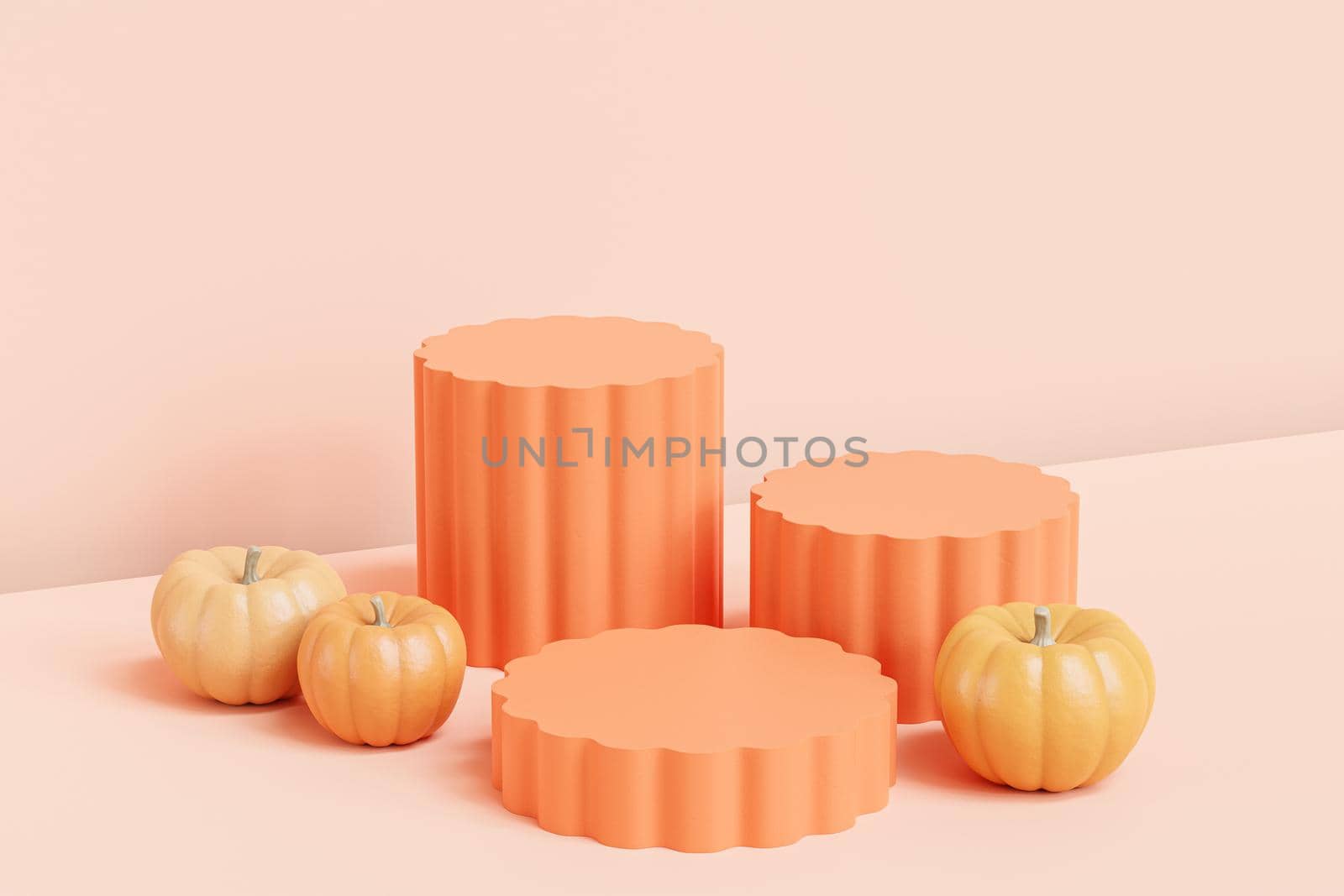 Podiums or pedestals with pumpkins for products display or advertising for autumn holidays on beige background, 3d render by Frostroomhead