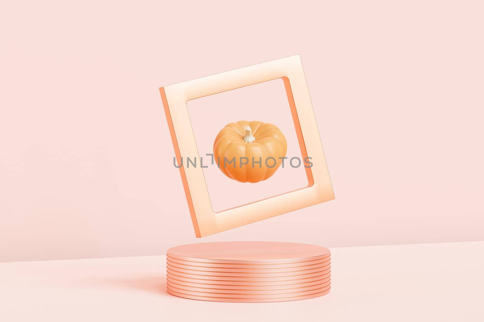 Pumpkin in golden frame on podium or pedestal, advertising for autumn holidays on pink background, 3d render by Frostroomhead