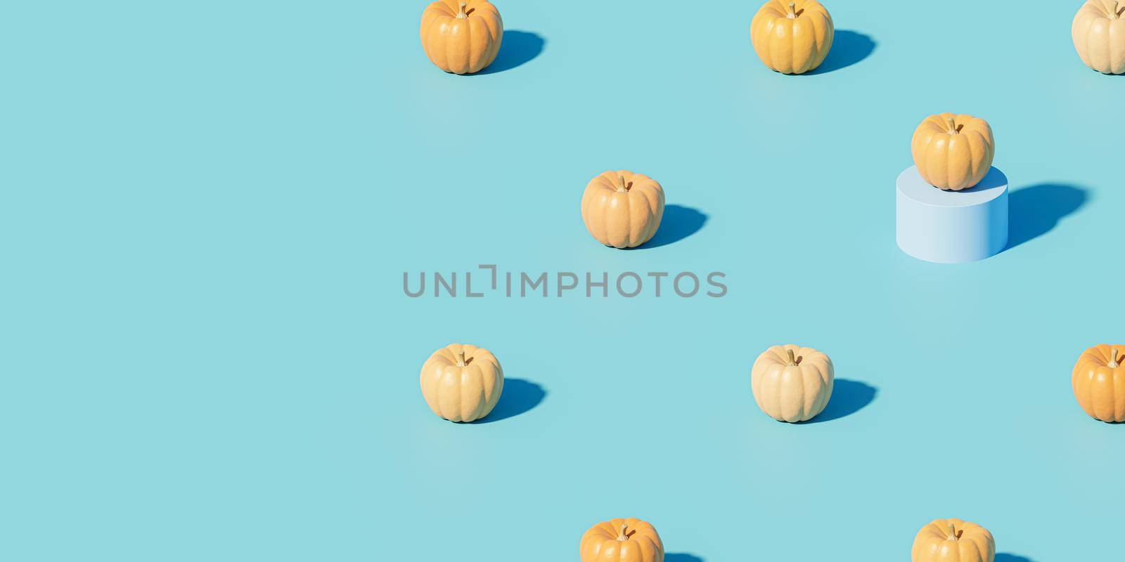 Pumpkins on blue background for advertising on autumn holidays or sales, copy space, 3d render