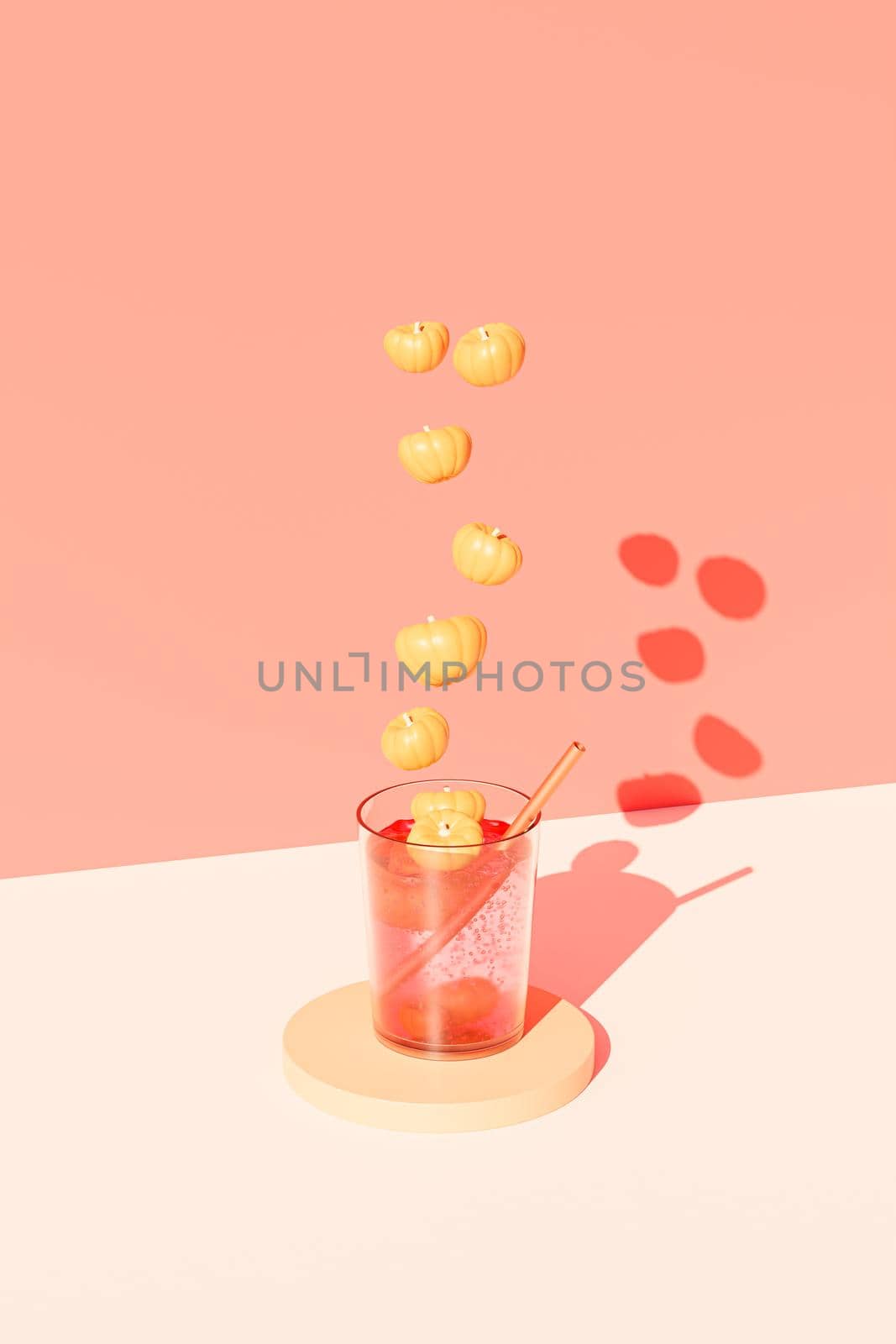 Drink in glass with pumpkins on beige background for advertising on autumn holidays or sales, 3d render by Frostroomhead