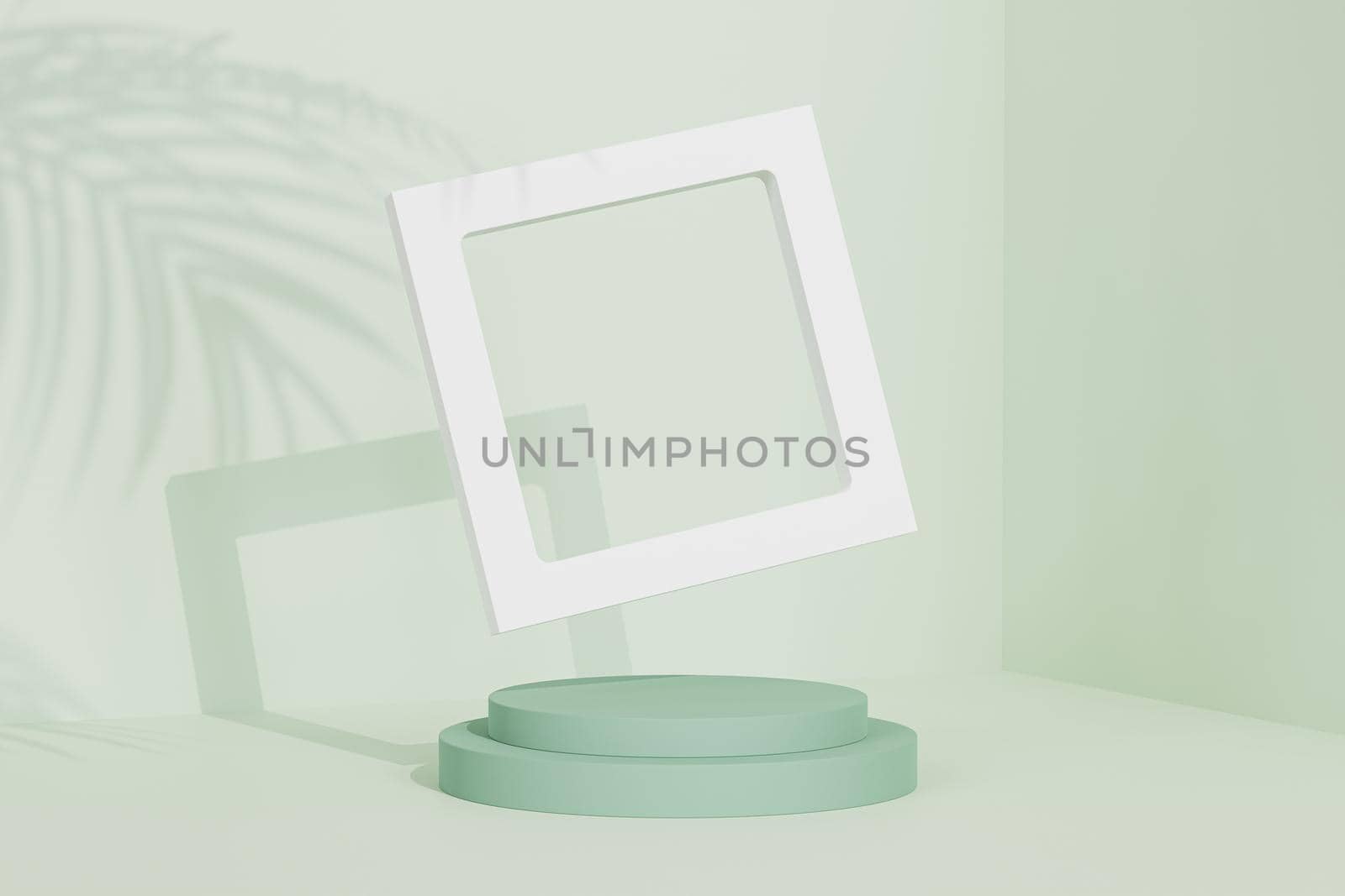 Empty frame near to podium or pedestal for products or advertising on pastel green background with tropical leaf shadow, minimal 3d render by Frostroomhead