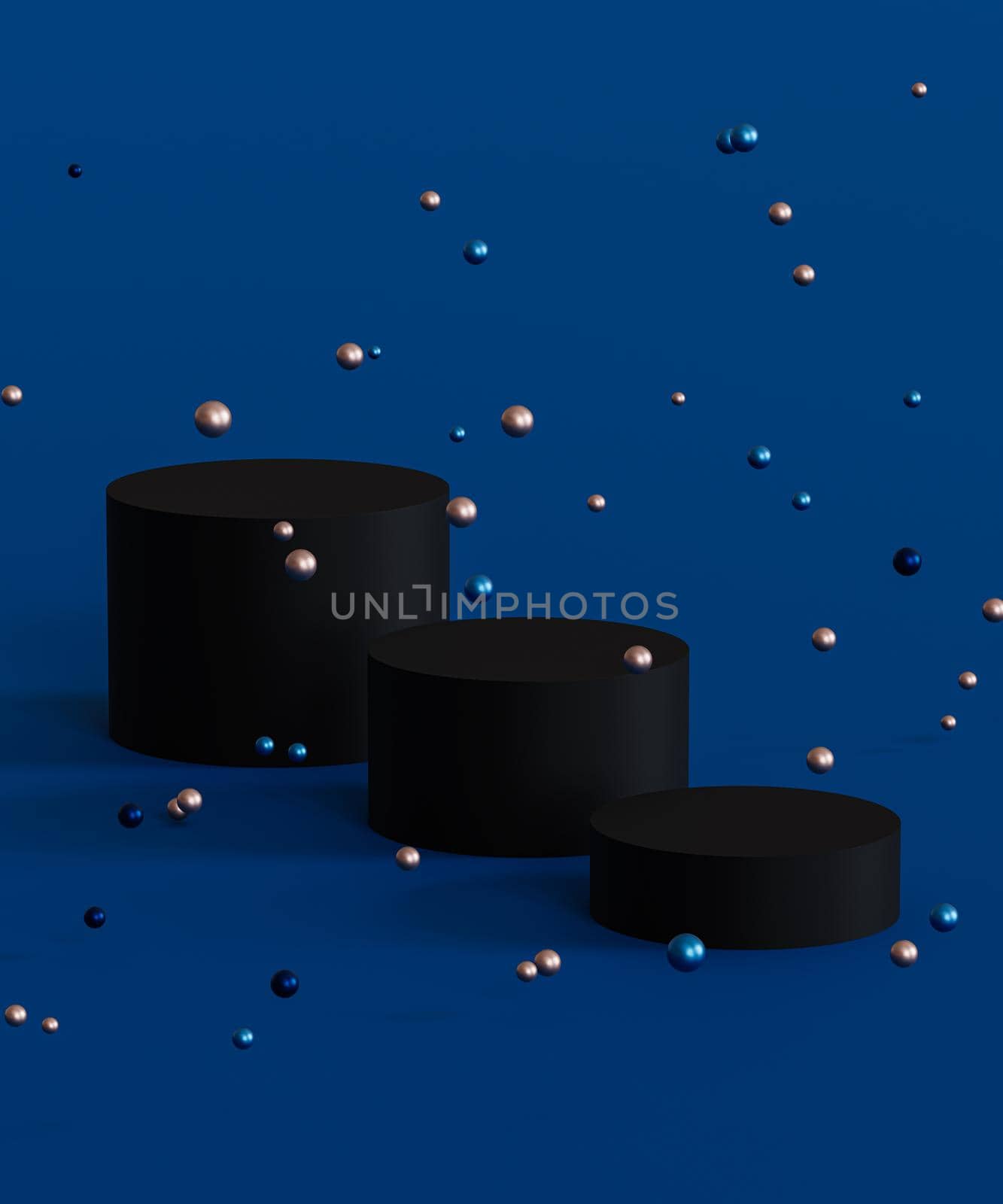 Black podiums or pedestals for products display or advertising with shiny spheres on blue background, 3d minimal render