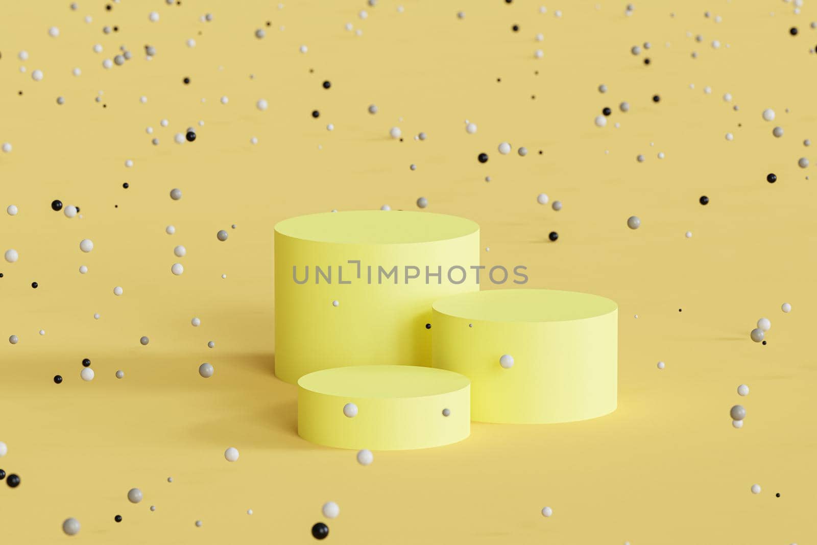Podiums or pedestals for products display or advertising with shiny spheres on yellow background, 3d minimal render