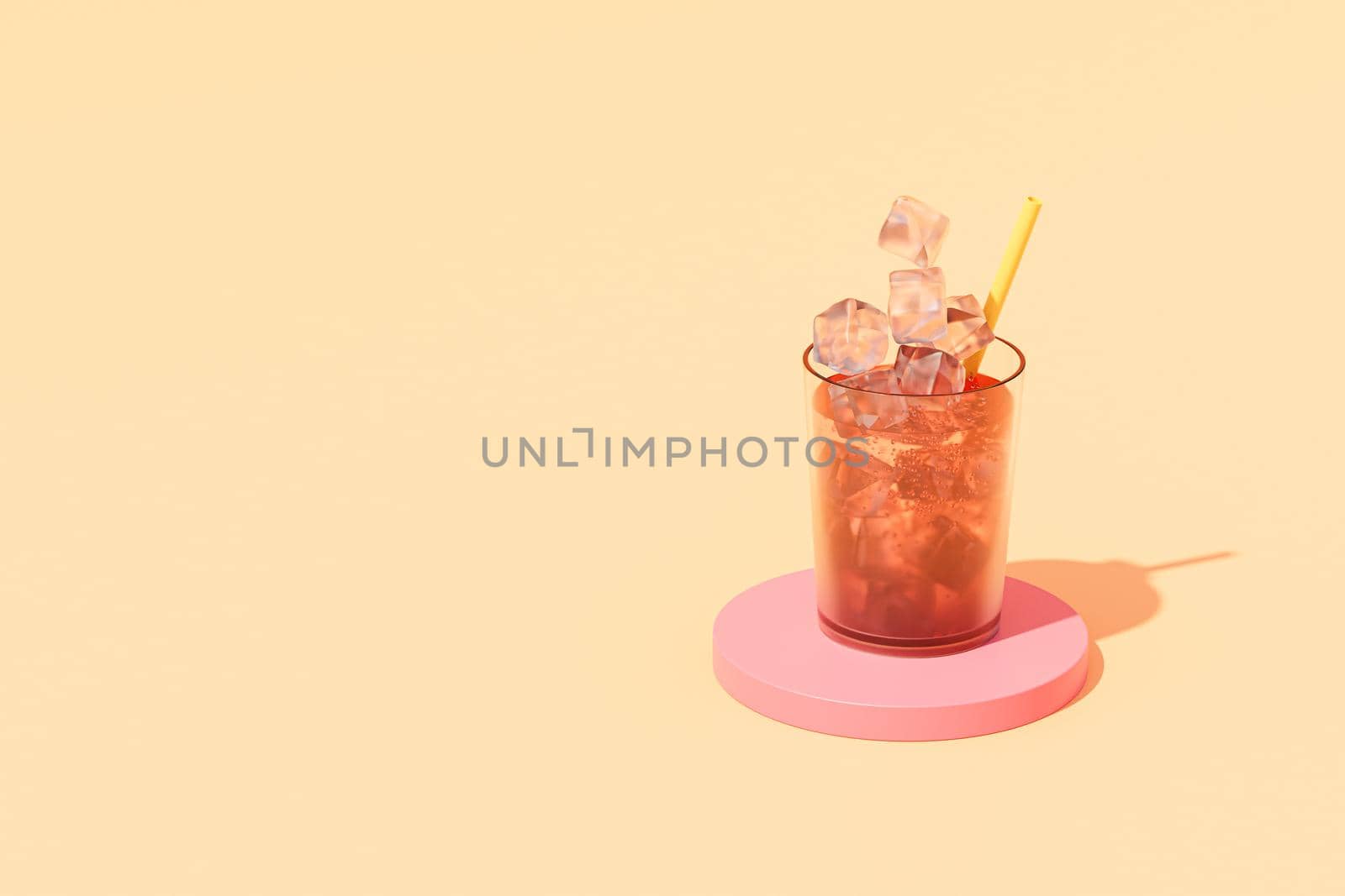Drink in glass with ice and straw on beige background, copy space, 3d render by Frostroomhead