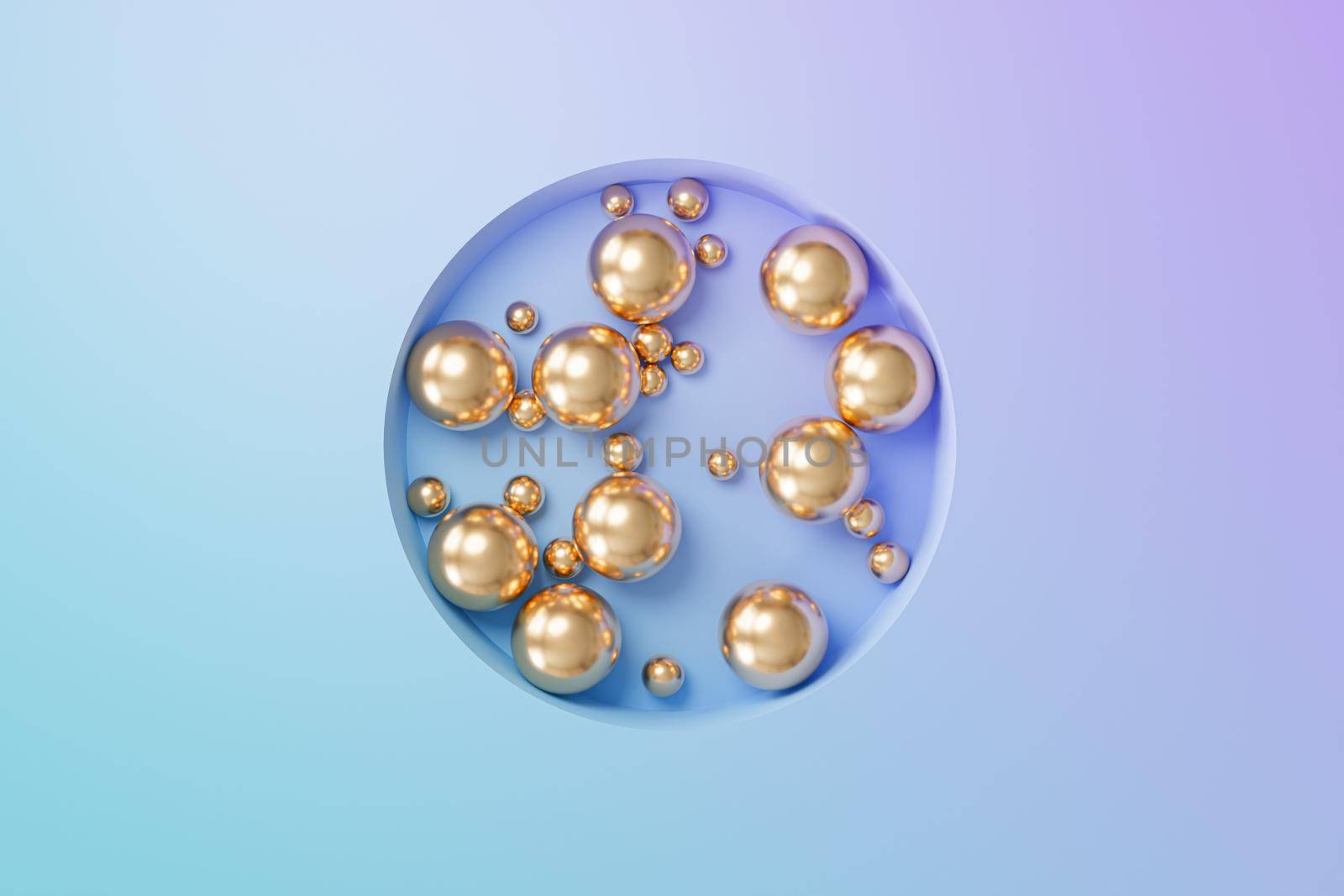 Golden spheres on gradient background, abstract minimal 3d render
