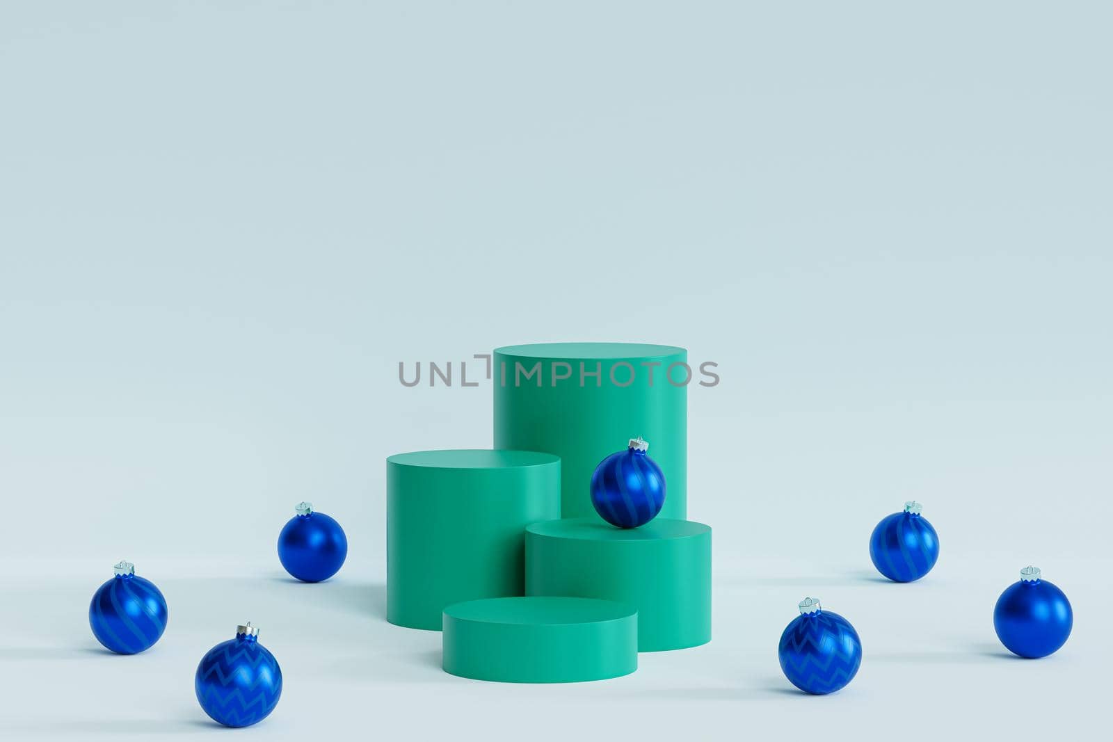Christmas or New Year holidays background, green podiums or pedestals for products or advertising with blue baubles, 3d render
