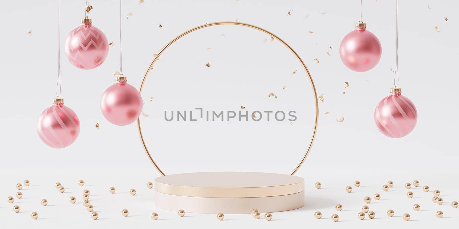 Golden podium or pedestal for products or advertising with baubles and confetti, 3d render