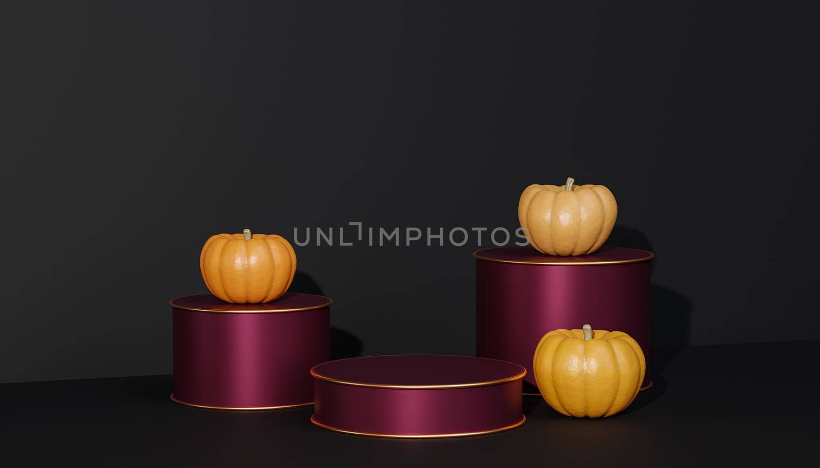 Podiums or pedestals with pumpkins for products display or advertising for autumn holidays on black background, 3d render