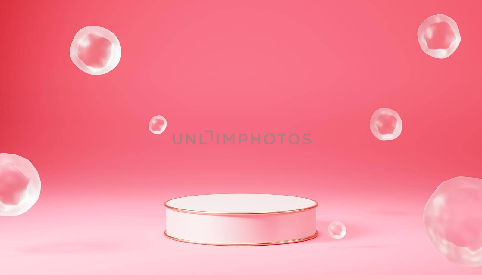 Beige luxury podium or pedestal for products or advertising with bubbles on pastel pink background, 3d render by Frostroomhead