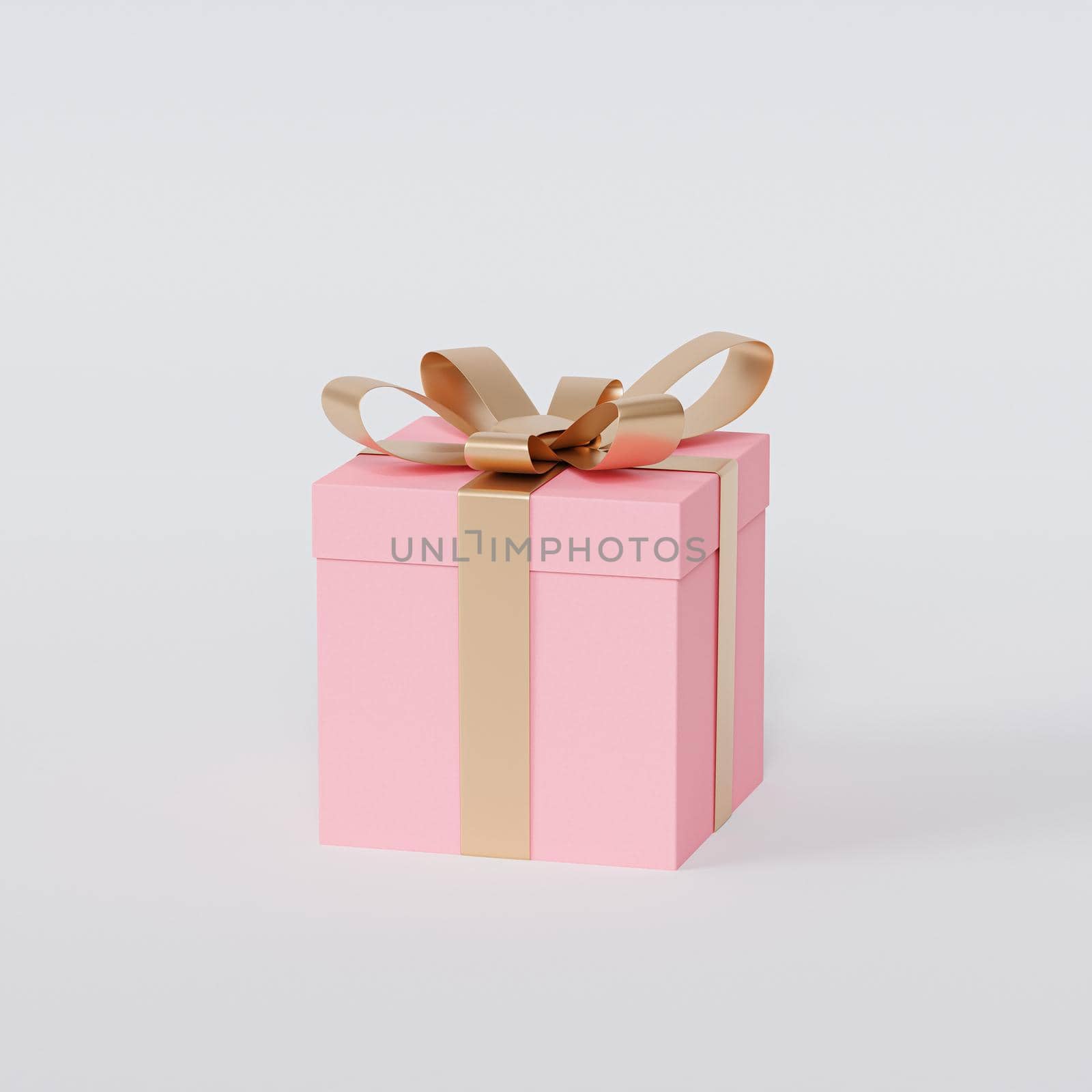 Pink gift box with golden ribbon on white background, 3d render