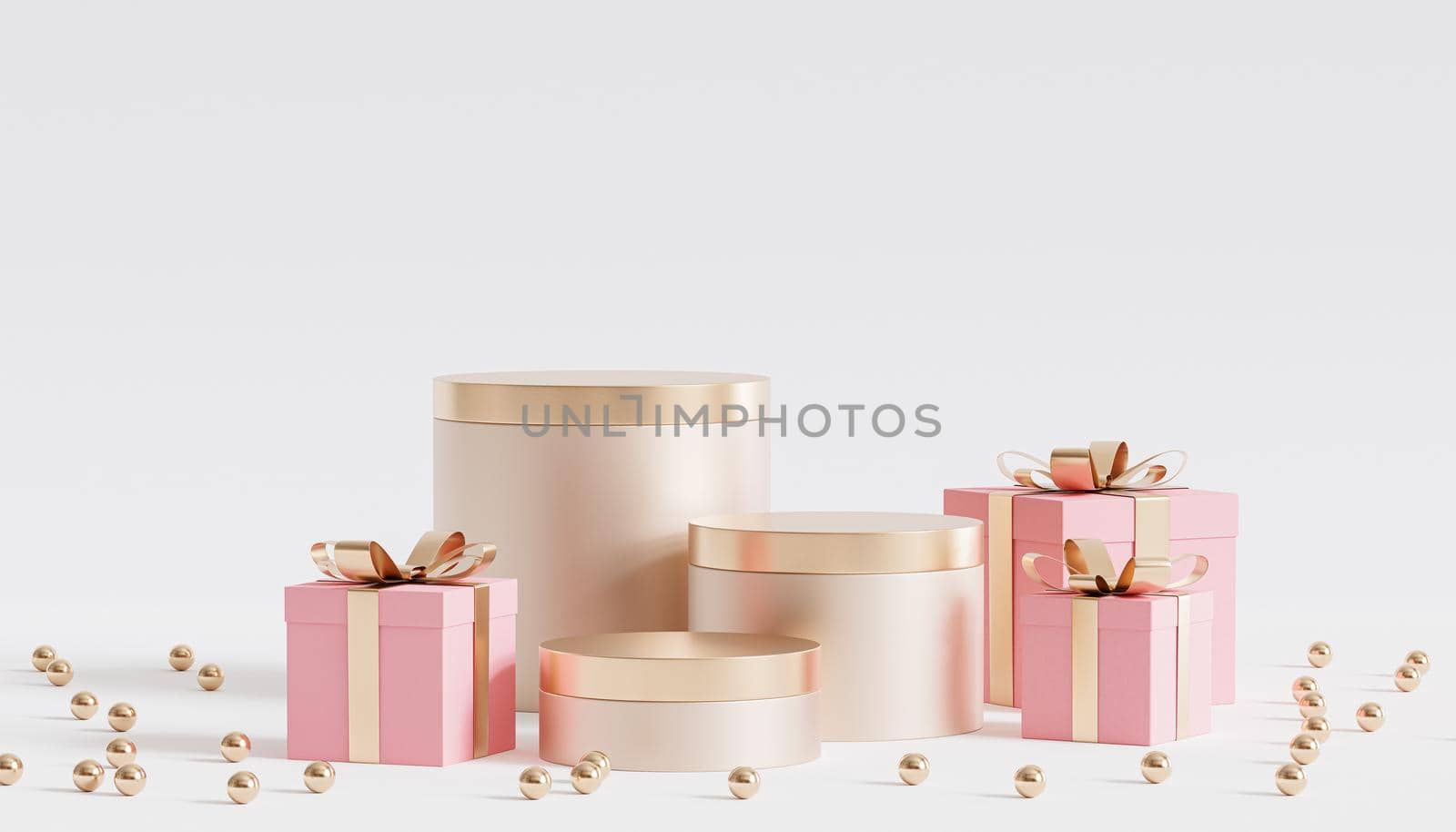Golden podiums or pedestals for products or advertising with gift boxes, 3d render by Frostroomhead