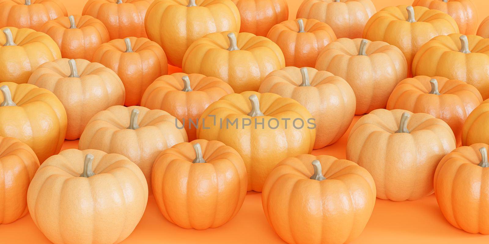 Pumpkins on orange background for autumn holidays or sales, 3d render by Frostroomhead