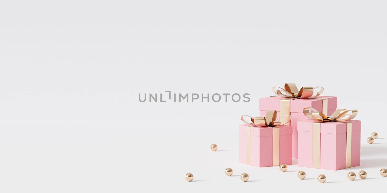 Pink gift boxes with golden ribbon on white background, 3d render by Frostroomhead