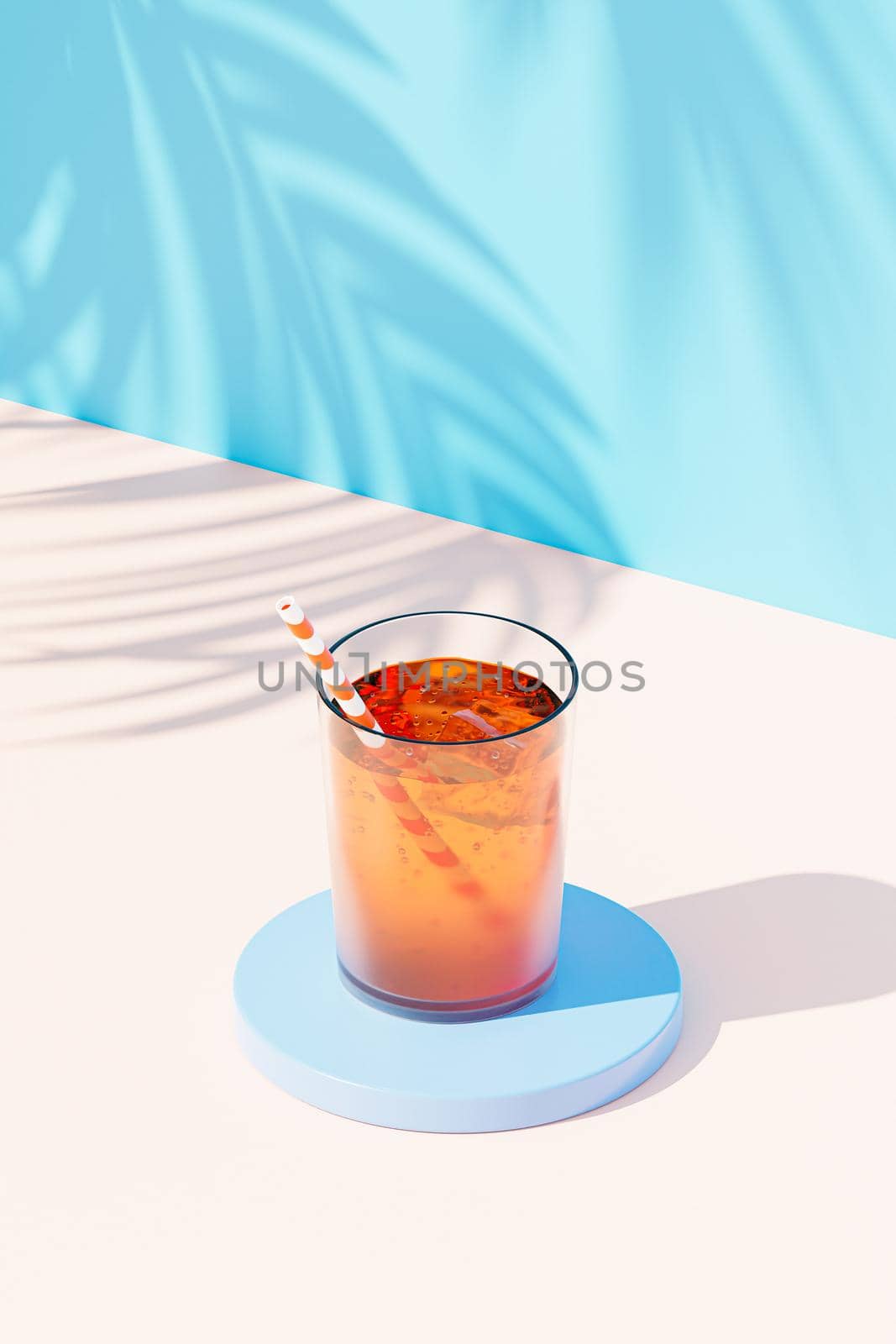 Cocktail drink in glass with ice and straw on blue background with tropical leaf shadows, 3d render