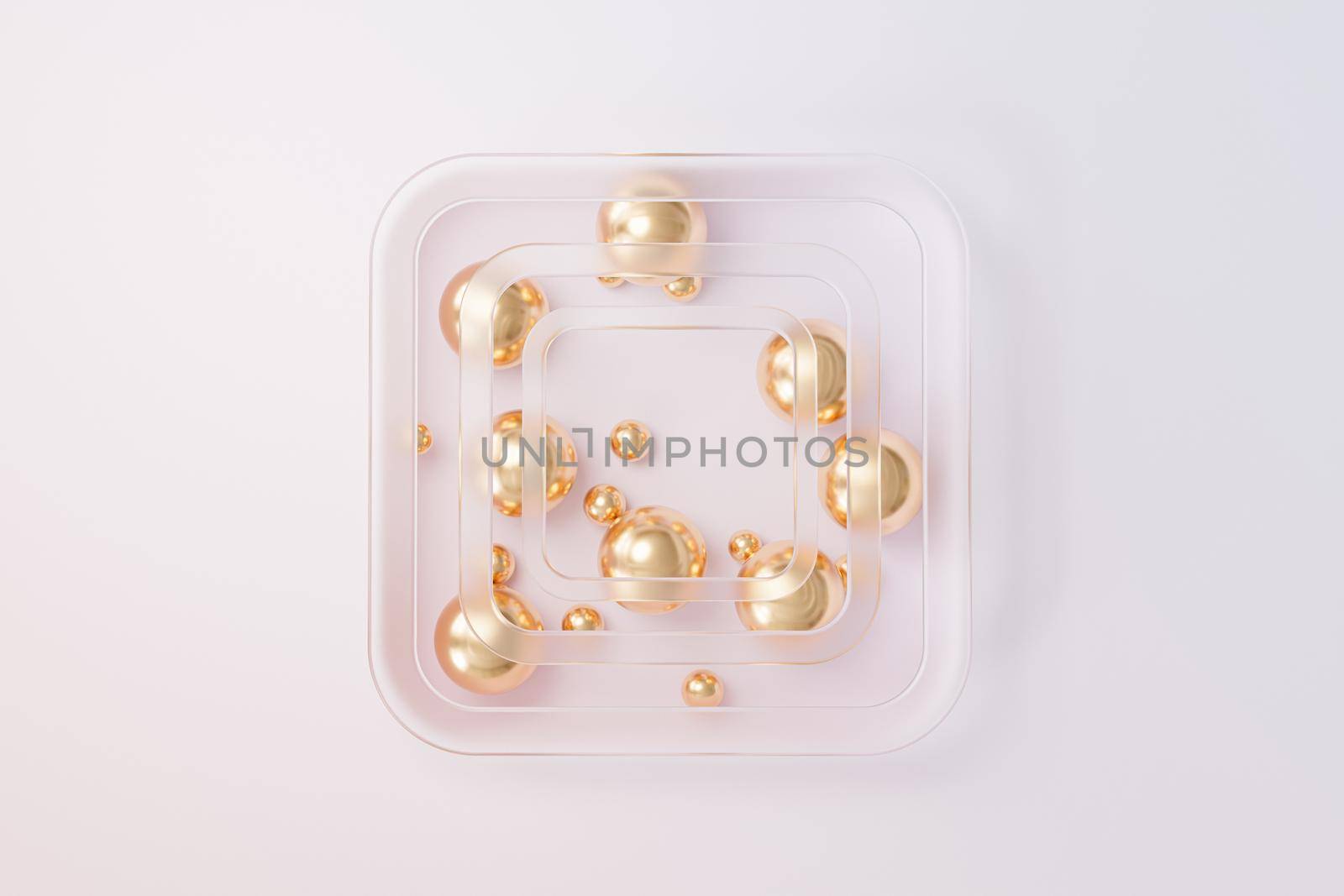 Abstract golden spheres with frosted glass on beige background, minimal 3d render