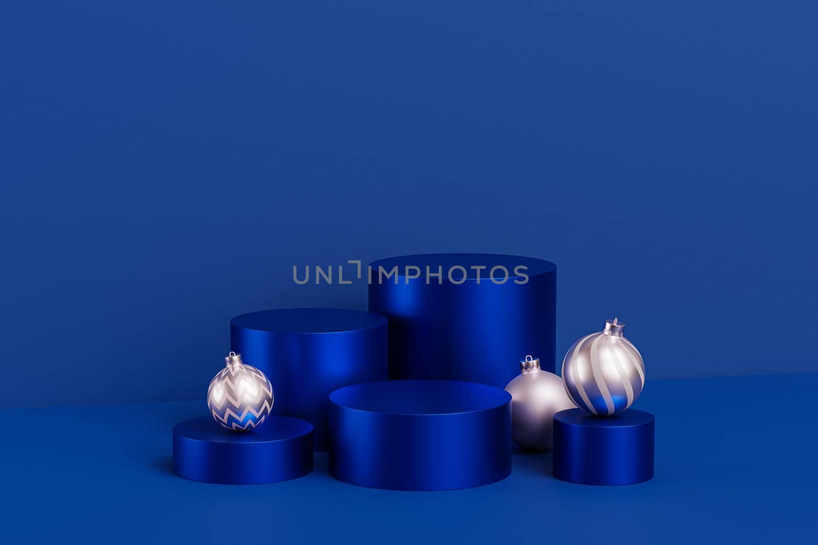 Christmas or New Year holidays background, blue podiums or pedestals for products or advertising with baubles, 3d render by Frostroomhead