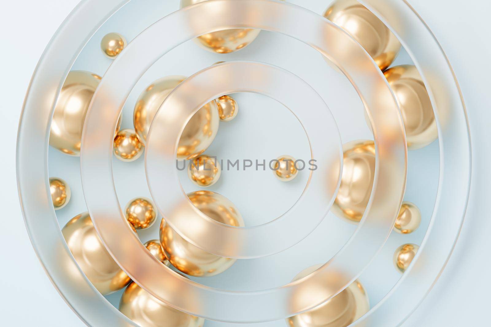 Abstract golden spheres with frosted glass on beige background, minimal 3d render