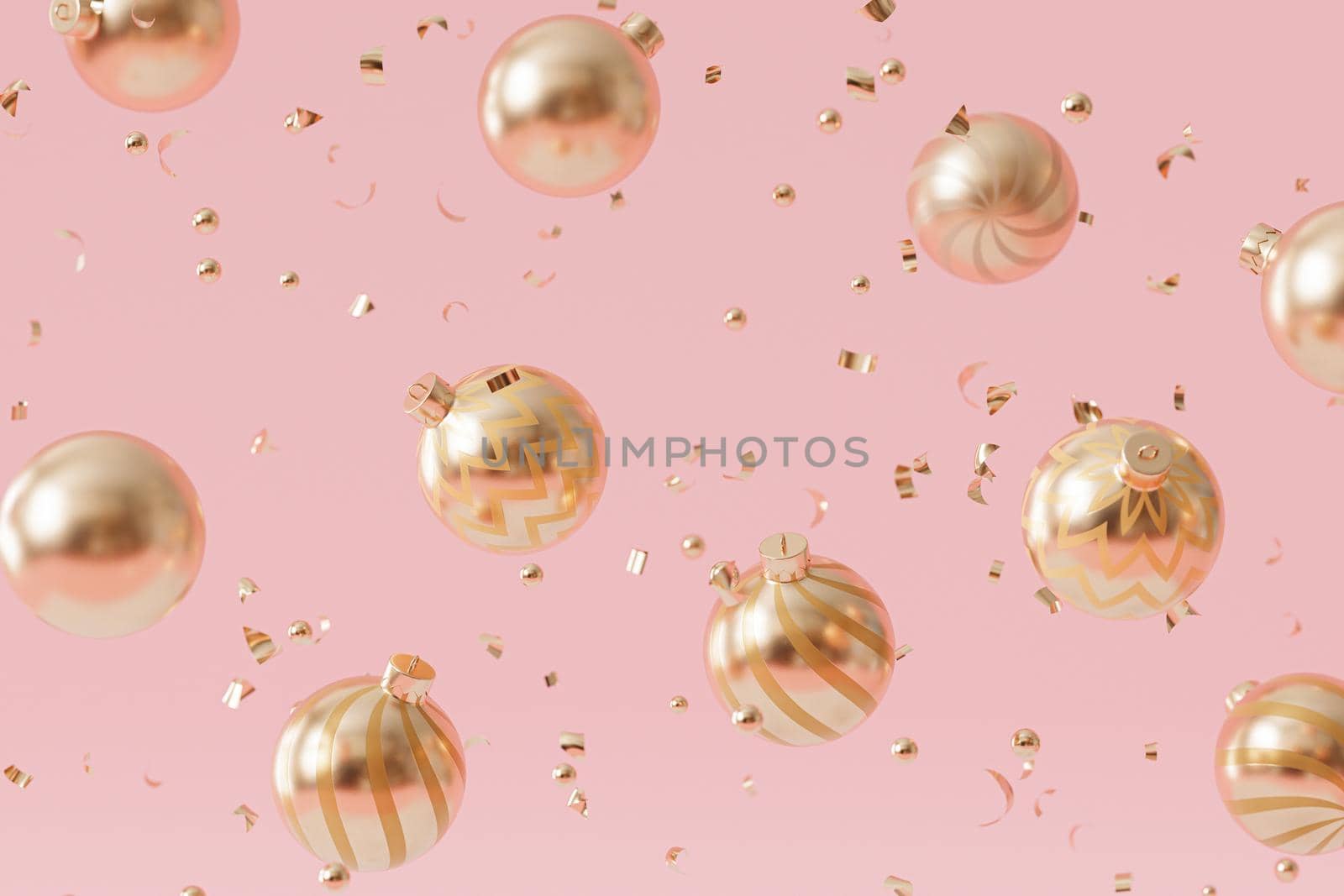 Christmas or New Year holidays background, golden baubles with confetti, 3d render by Frostroomhead
