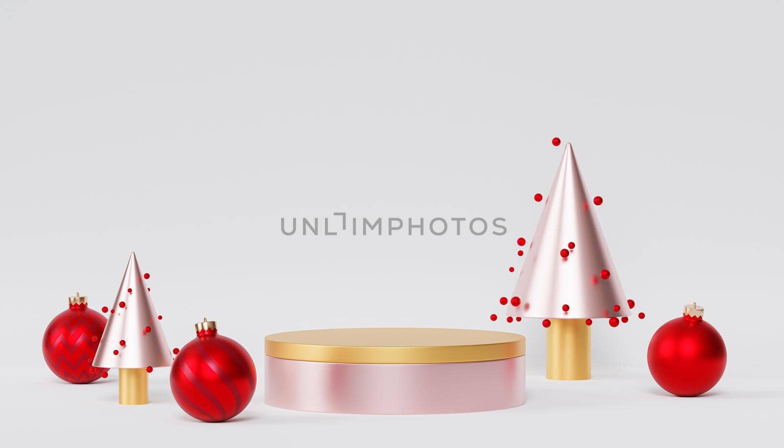 Christmas or New Year holidays background, golden podium or pedestal for products or advertising with red baubles, 3d render