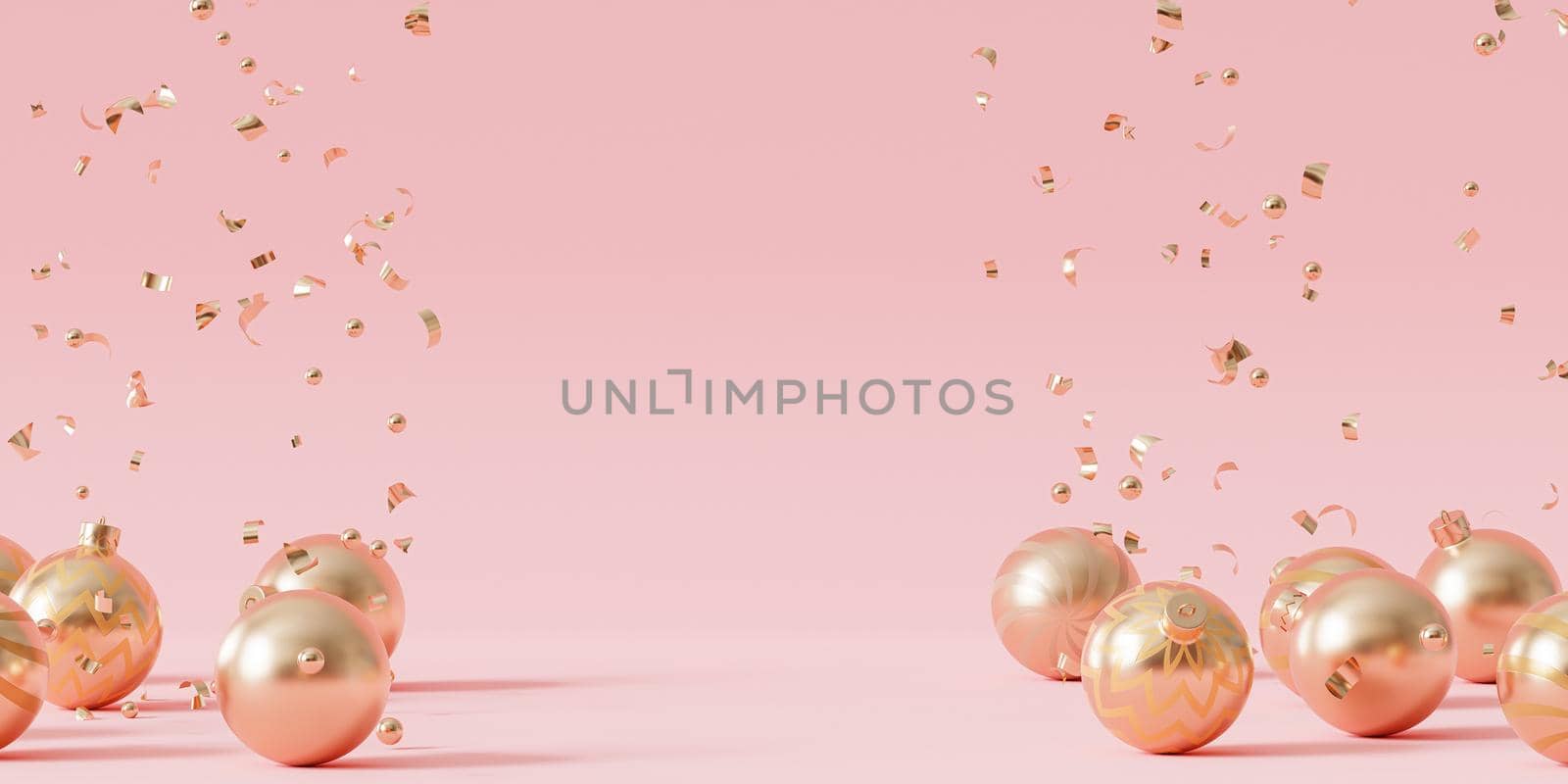 Christmas or New Year holidays background, golden baubles with confetti, 3d render