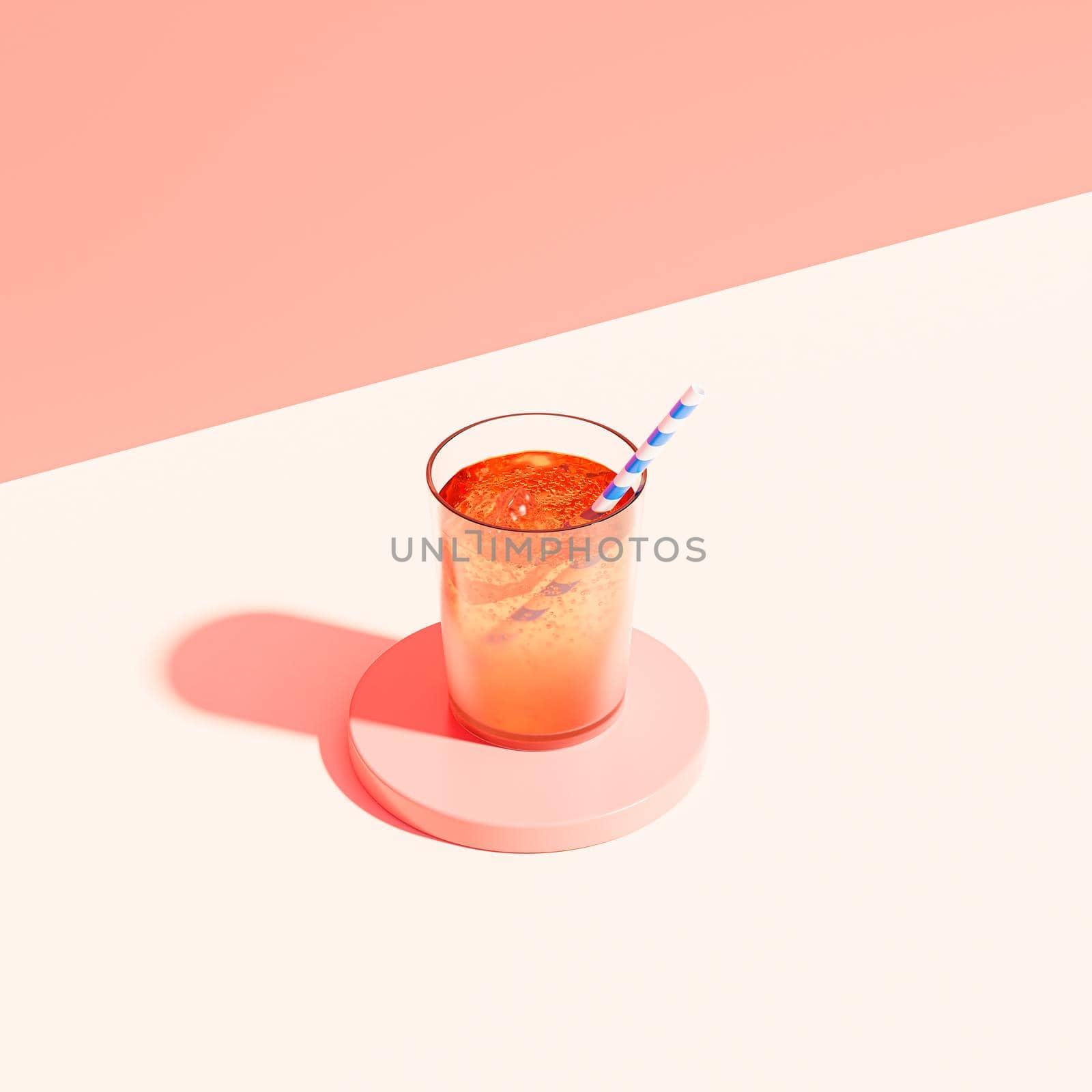 Drink in glass with ice and straw on beige background, 3d render by Frostroomhead
