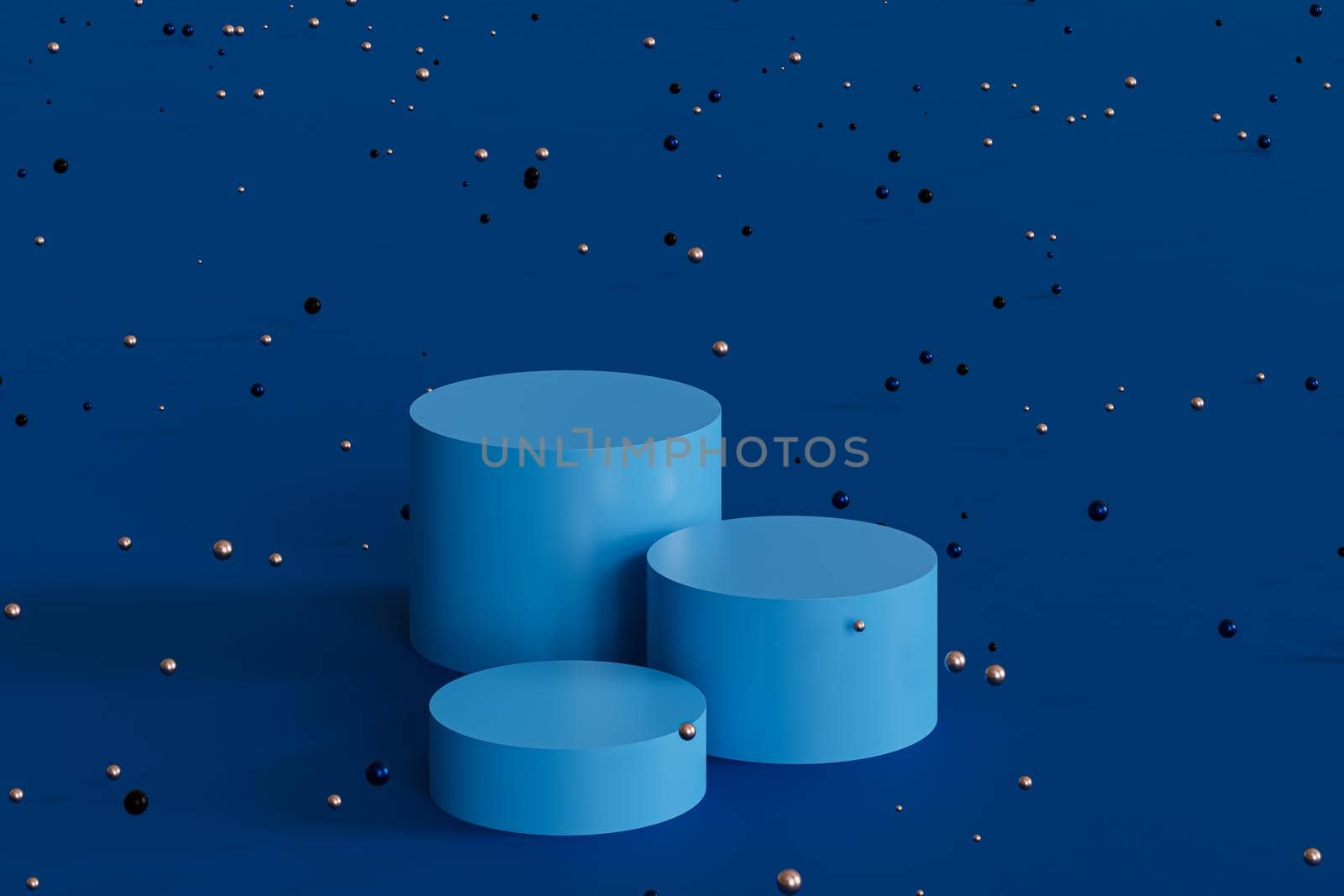 Podiums or pedestals for products display or advertising with shiny spheres on blue background, 3d minimal render by Frostroomhead