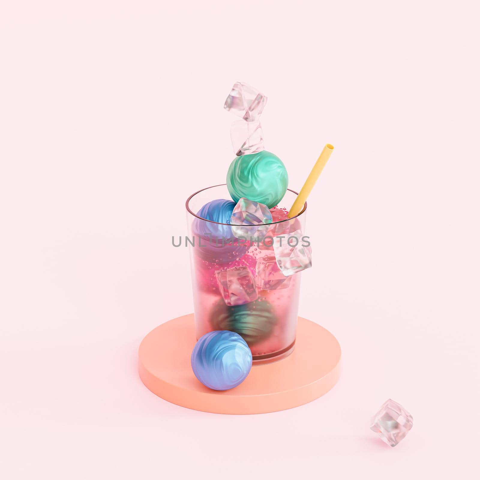 Drink in glass with ice, straw and candy on beige background, 3d render