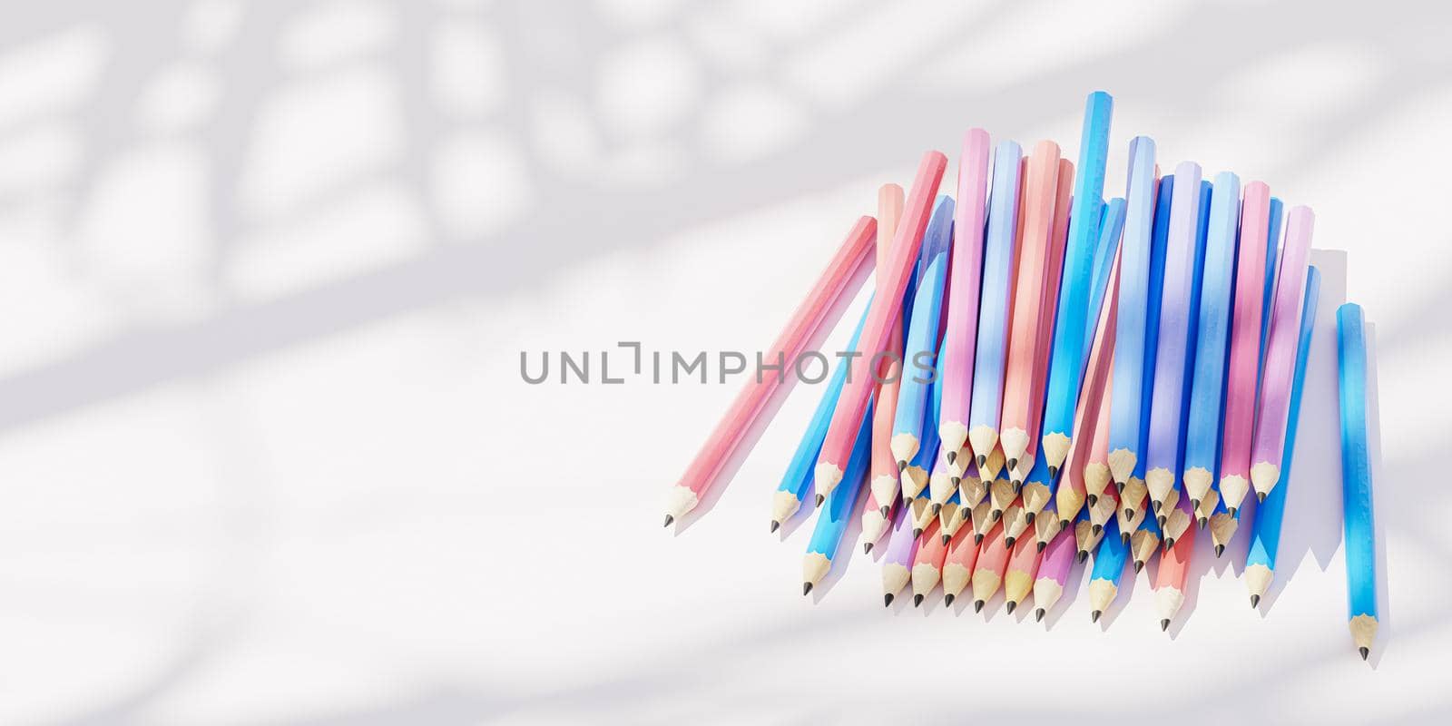 Graphite pencils on white background with shadows and sunlight, banner with copy space, 3d render by Frostroomhead