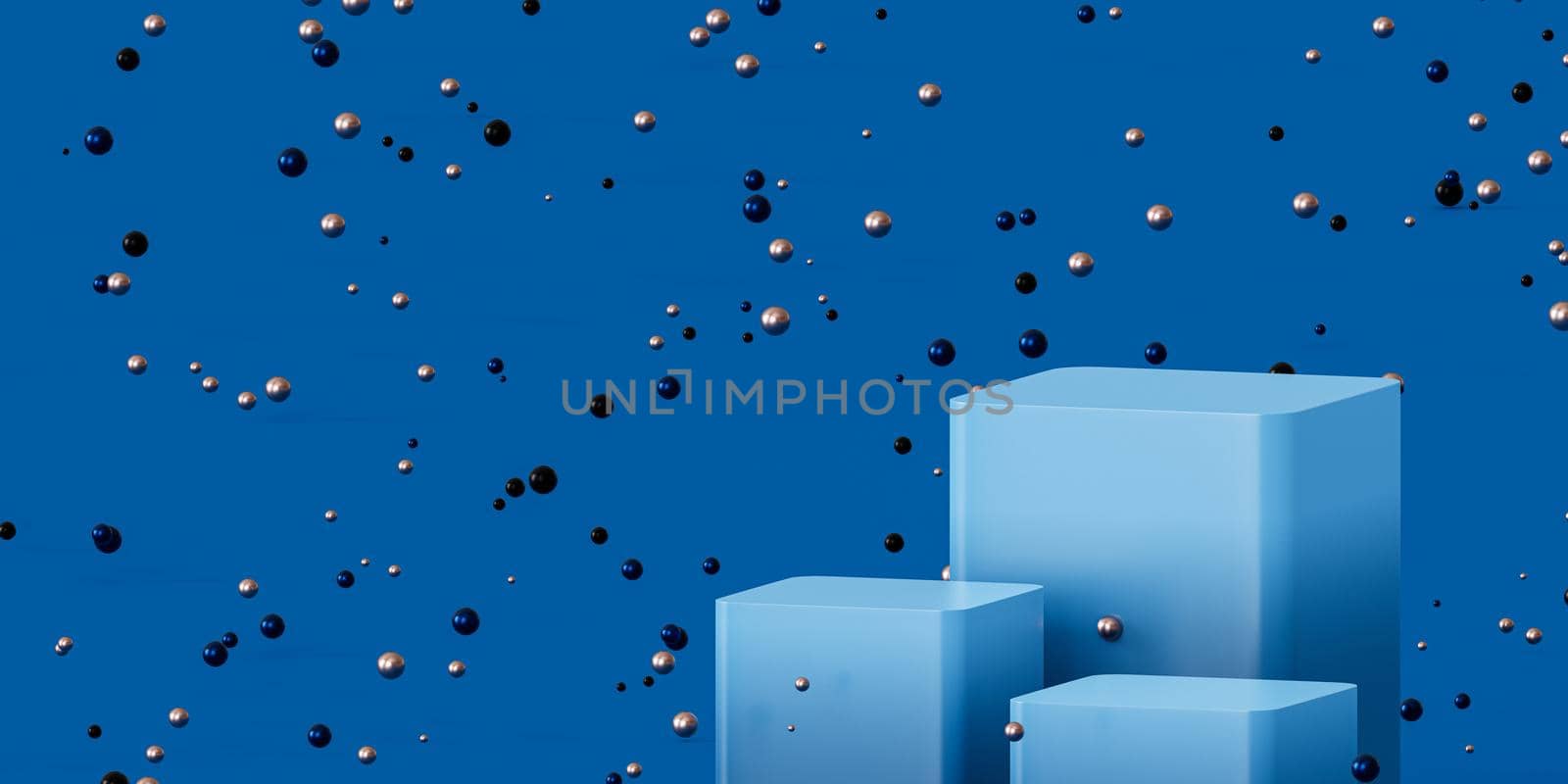 Podiums or pedestals for products display or advertising with shiny spheres on blue background, 3d minimal render by Frostroomhead