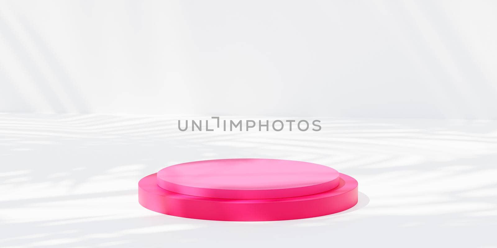 Pink podium or pedestal for products display or advertising with leaf shadows on white background, 3d render by Frostroomhead
