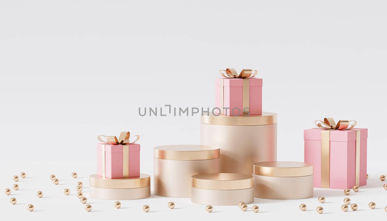 Golden podiums or pedestals for products or advertising with gift boxes, 3d render