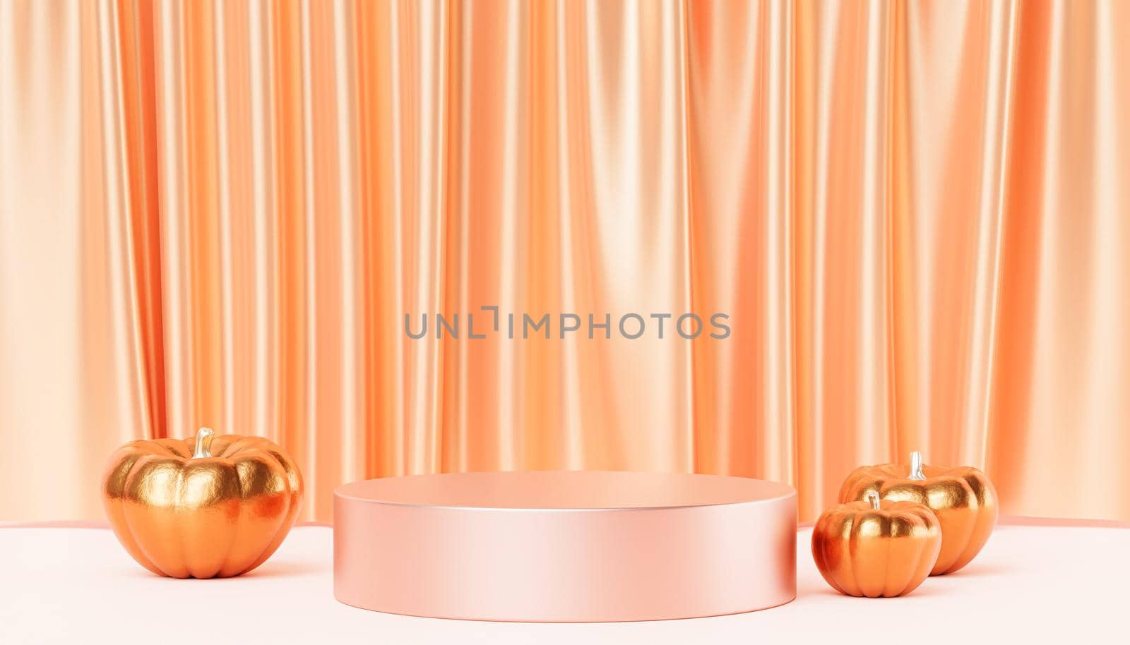 Podium or pedestal with golden pumpkins for products display or advertising for autumn holidays, 3d render by Frostroomhead