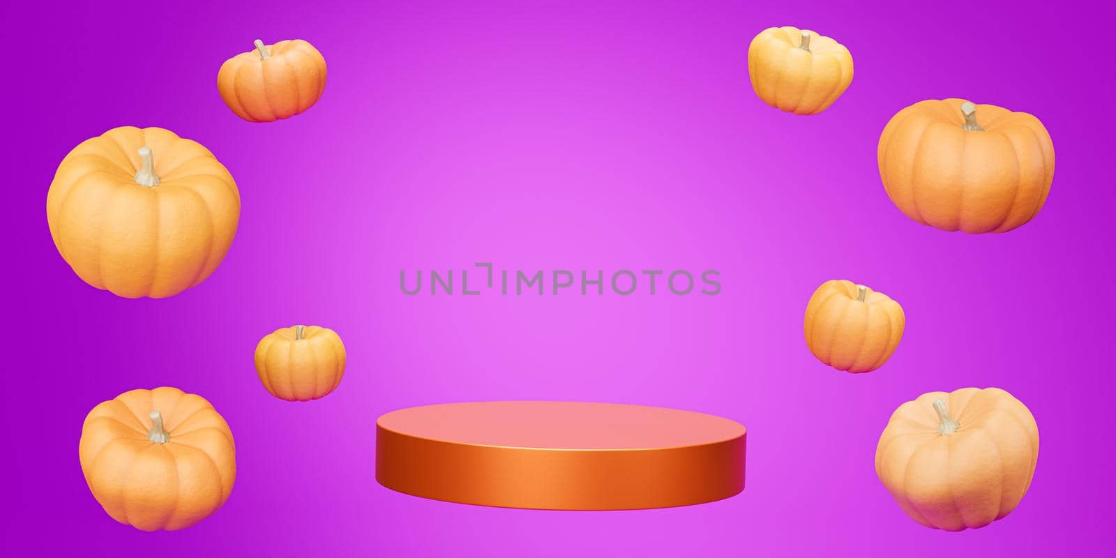Podium or pedestal with flying pumpkins for products display or advertising for autumn holidays on purple background, 3d render by Frostroomhead