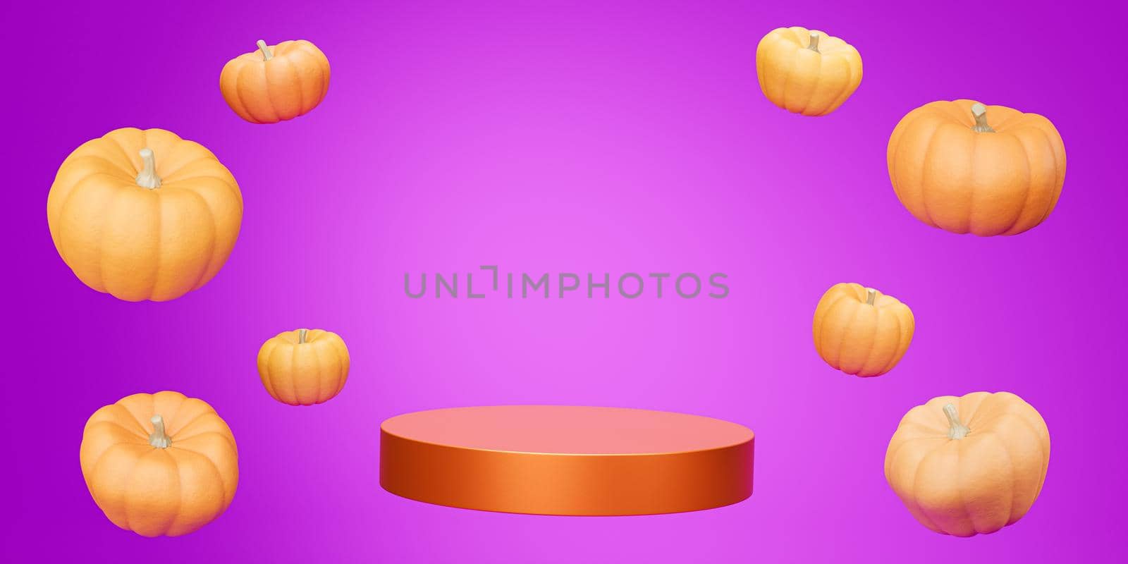 Podium or pedestal with flying pumpkins for products display or advertising for autumn holidays on purple background, 3d render