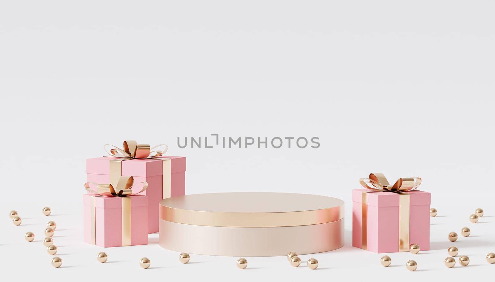Golden podium or pedestal for products or advertising with gift boxes, 3d render by Frostroomhead