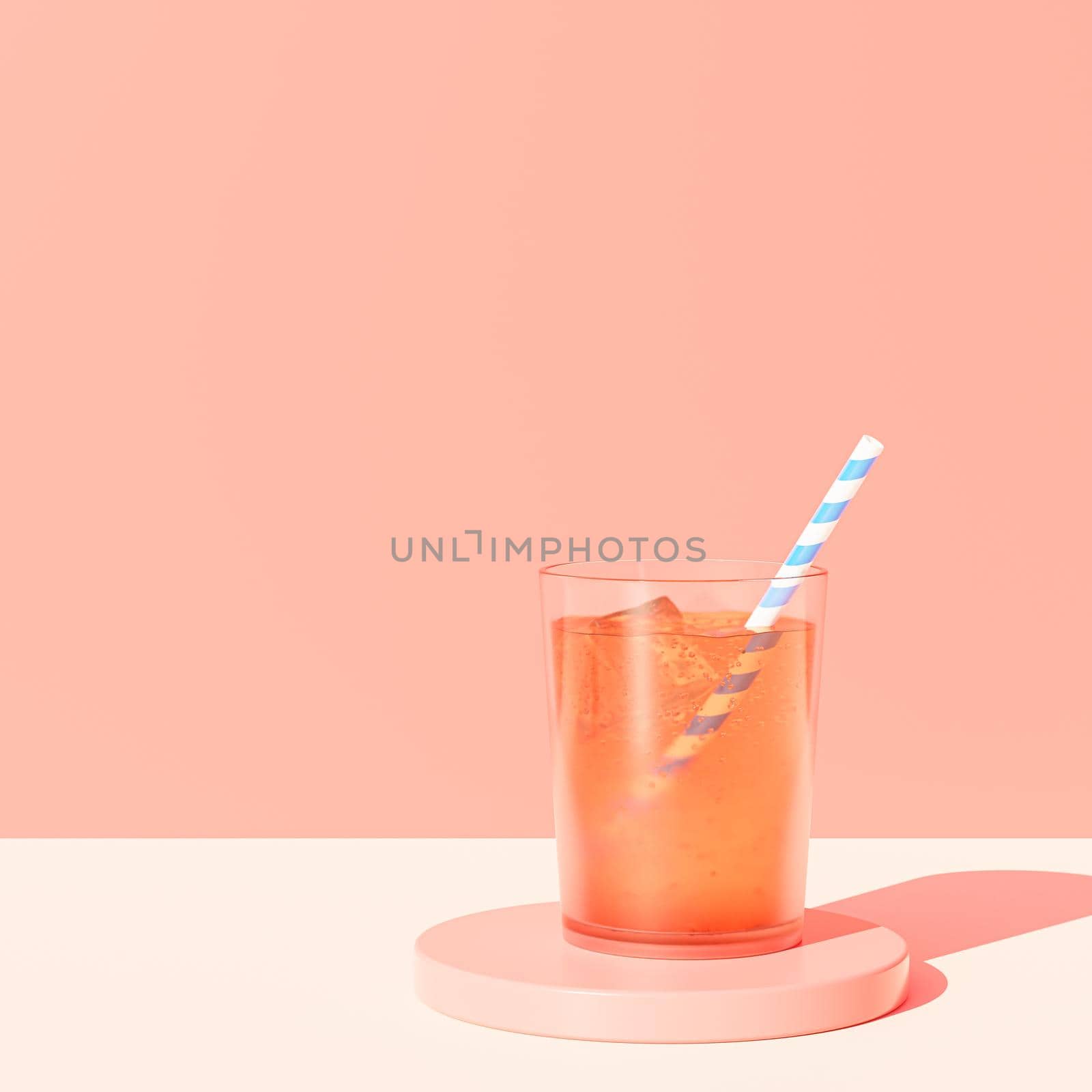 Drink in glass with ice and straw on beige background, 3d render