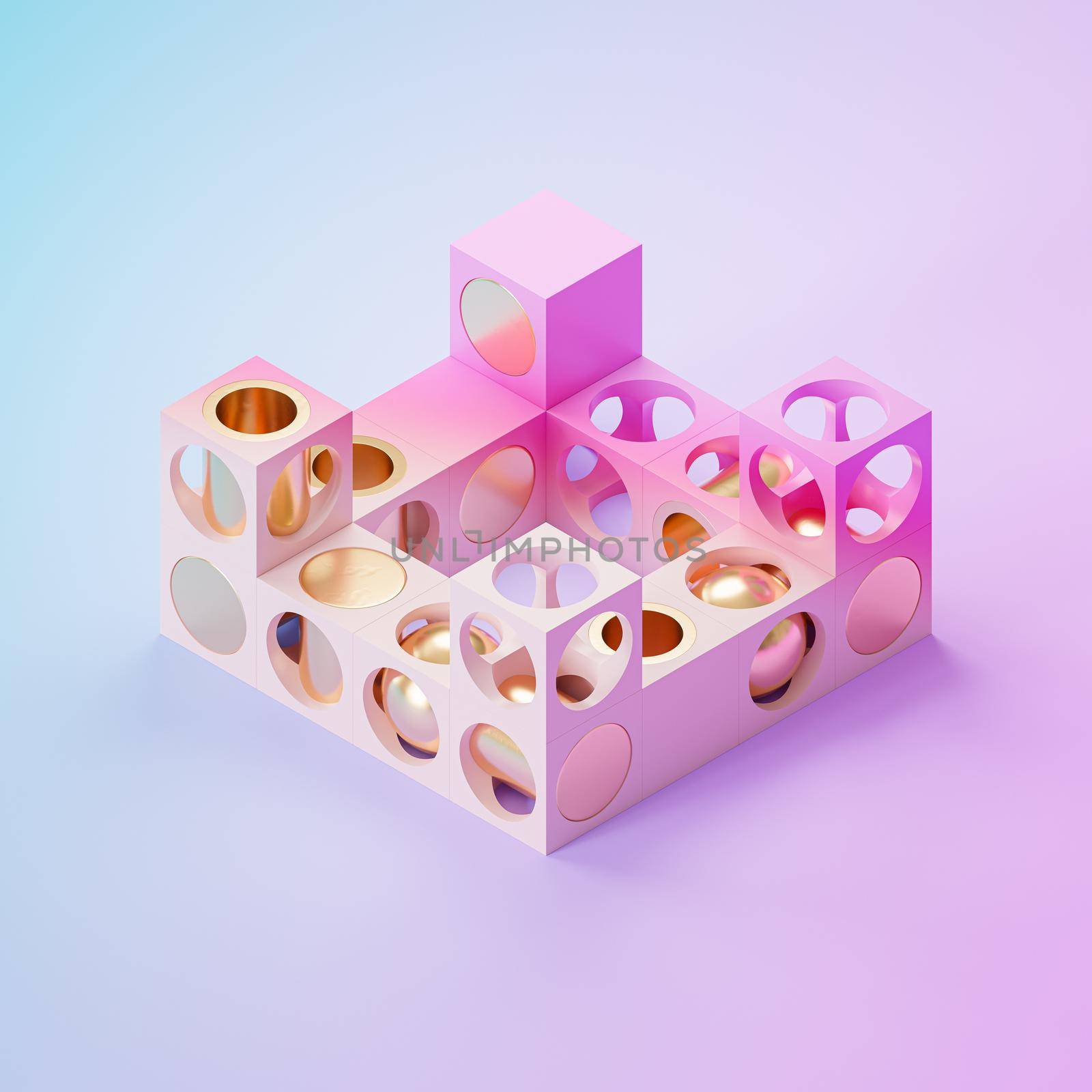 Abstract futuristic cube and cylinder objects on gradient background, minimal 3d render