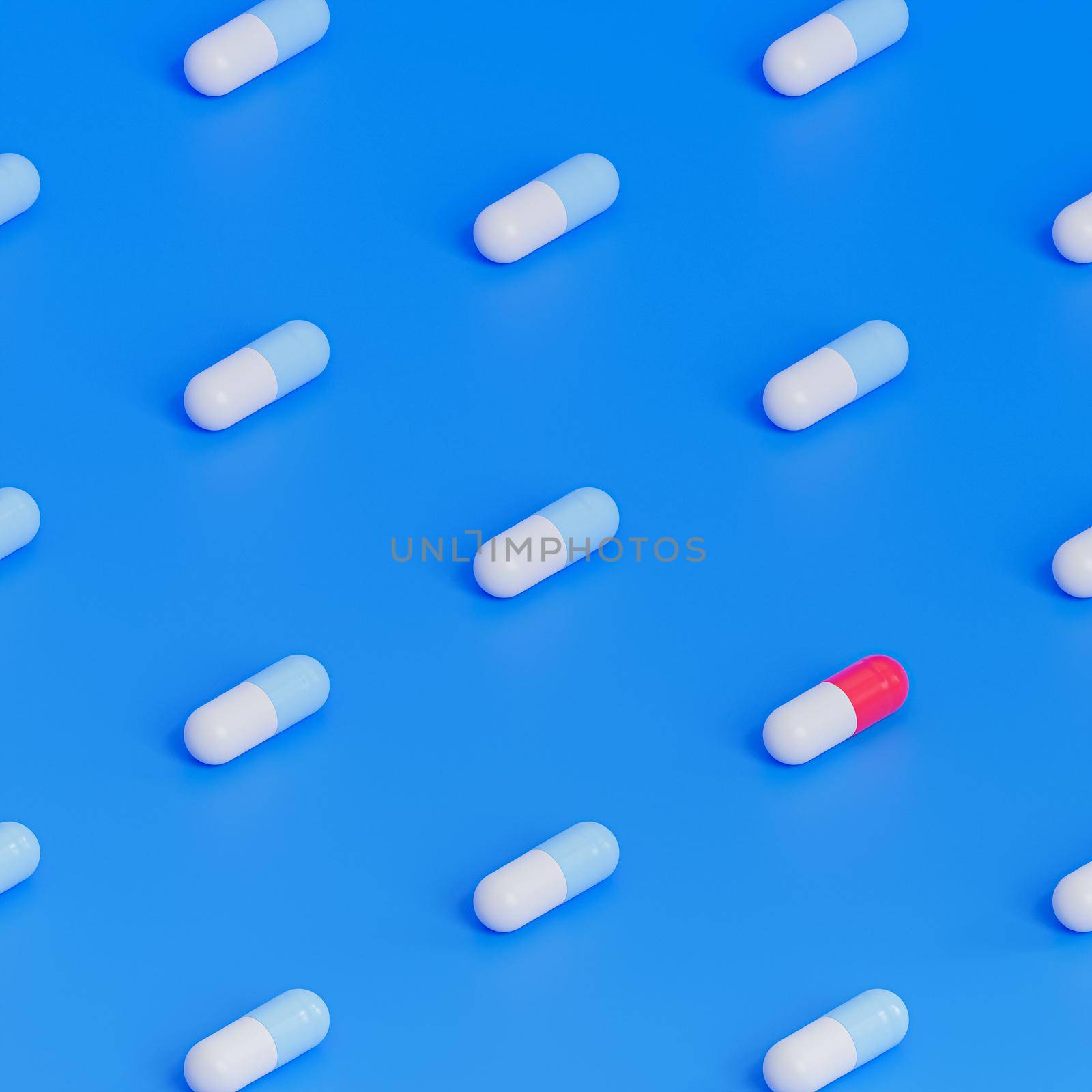 Capsule pills pattern on blue background, healthcare medical concept, antibiotics and cure, 3d render by Frostroomhead