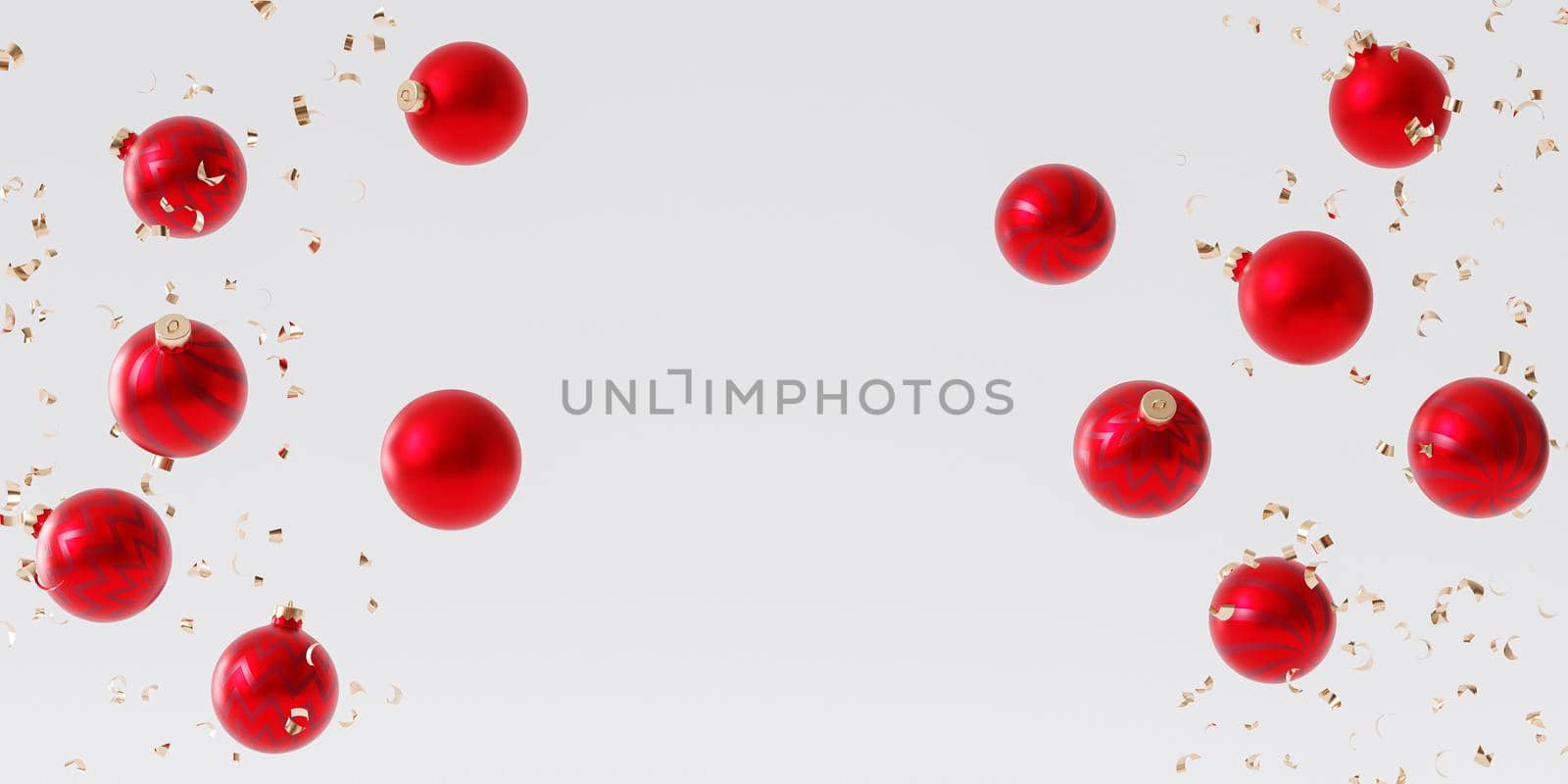 Christmas or New Year holidays background, red baubles with confetti, 3d render
