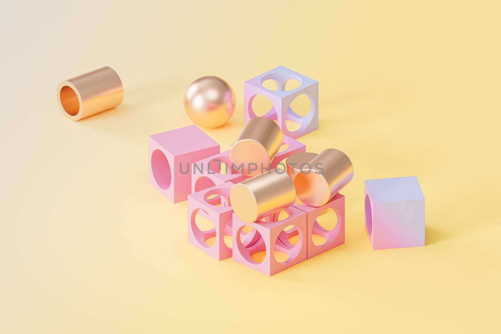 Abstract futuristic cube and cylinder objects on gradient background, minimal 3d render