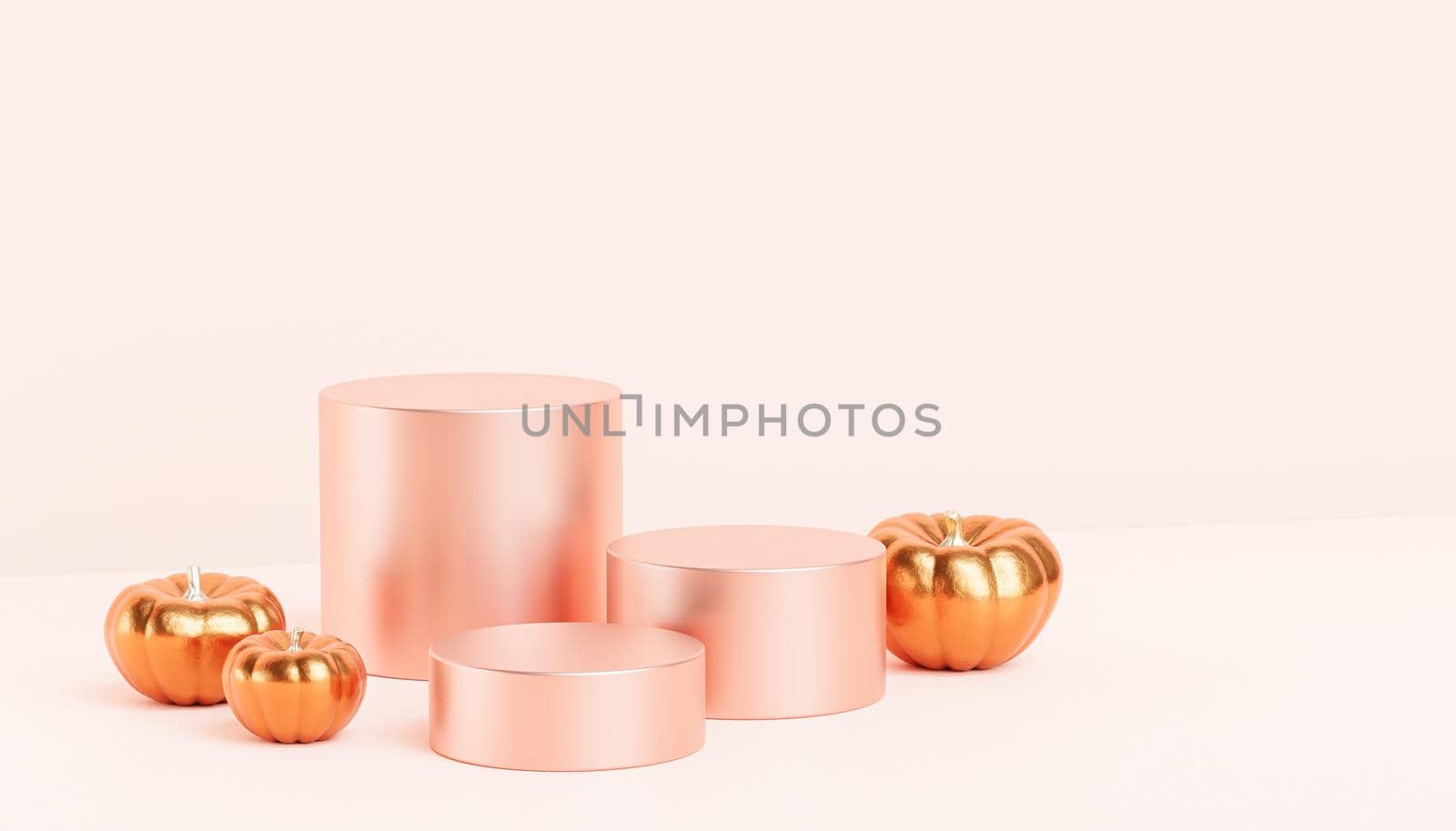 Podiums or pedestals with golden pumpkins for products display or advertising for autumn holidays, 3d render by Frostroomhead