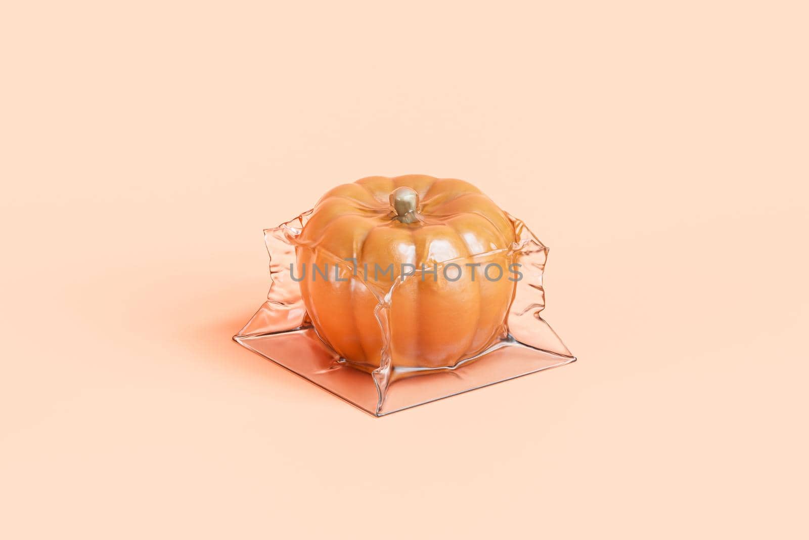 Pumpkin in vacuum packaging on beige background for advertising on autumn holidays or sales, 3d render by Frostroomhead