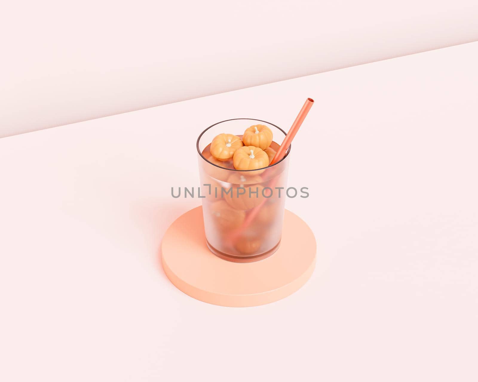 Drink in glass with pumpkins on beige background for advertising on autumn holidays or sales, 3d render by Frostroomhead