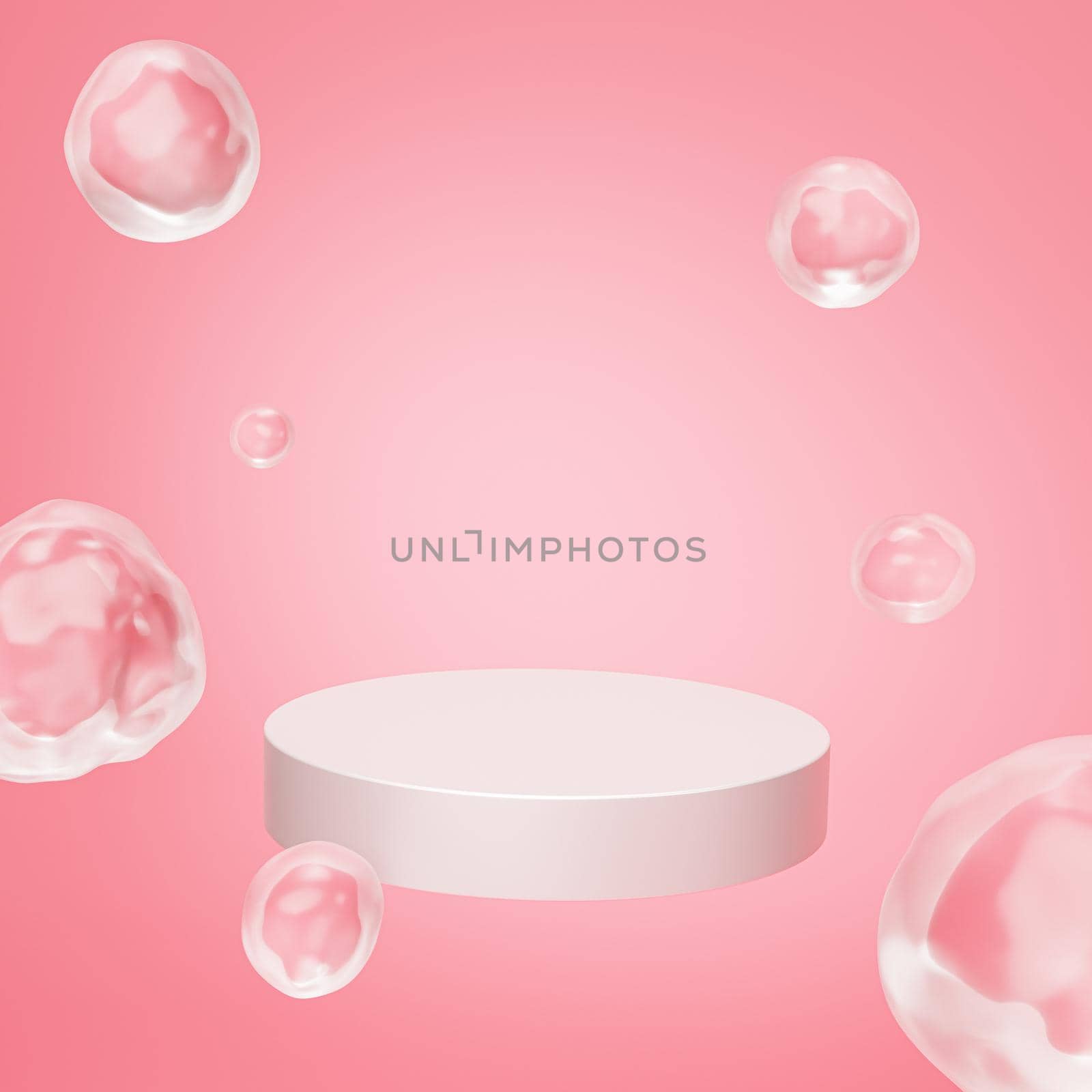 Beige podium or pedestal for products or advertising with bubbles on pastel pink background, 3d render